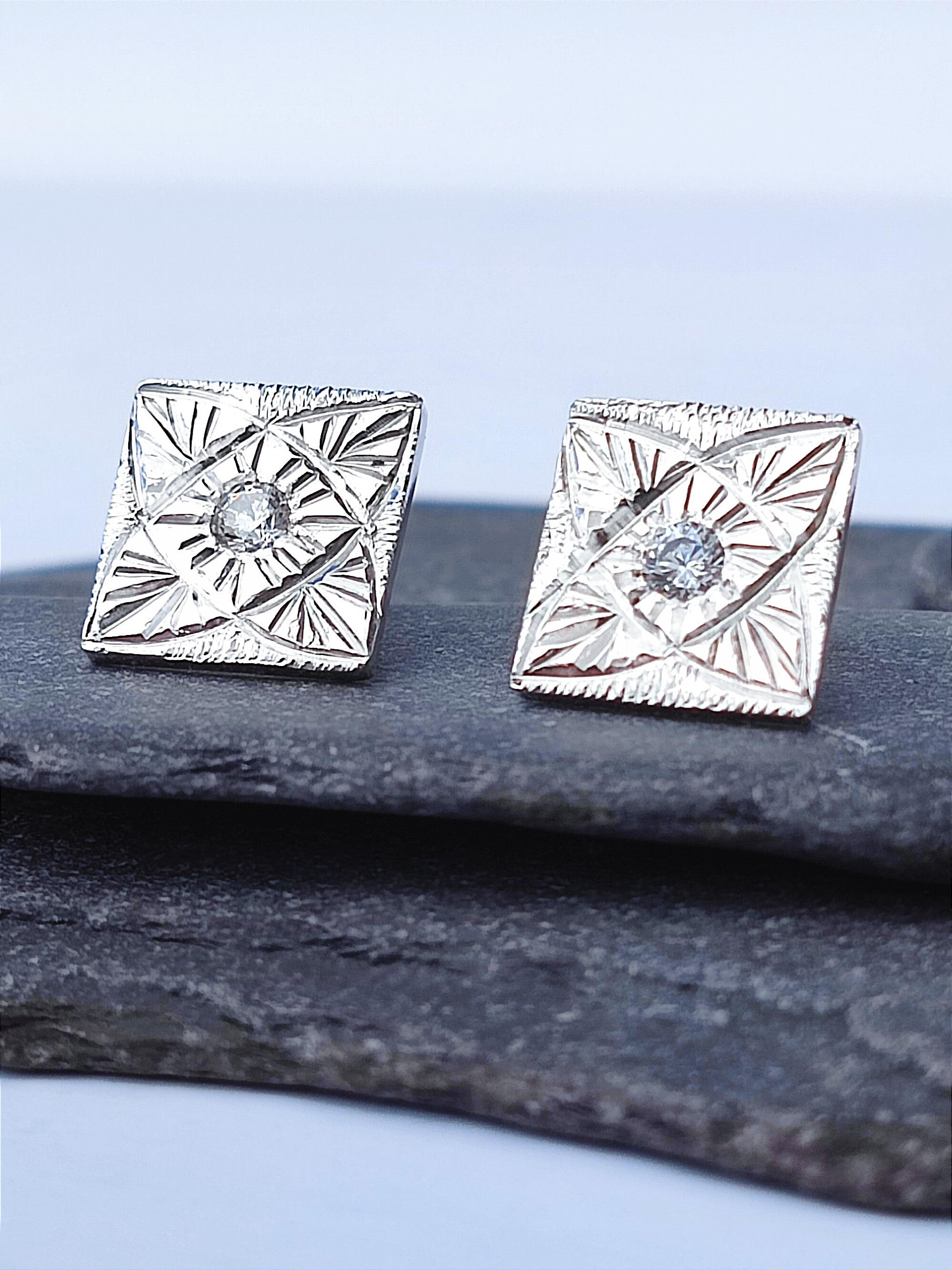 Hand Engraved Square Stud Earrings, with Cubic Zirconia