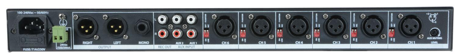 Adastra ML622 6 Mic + 2 Aux Rack Mixer 1U rear