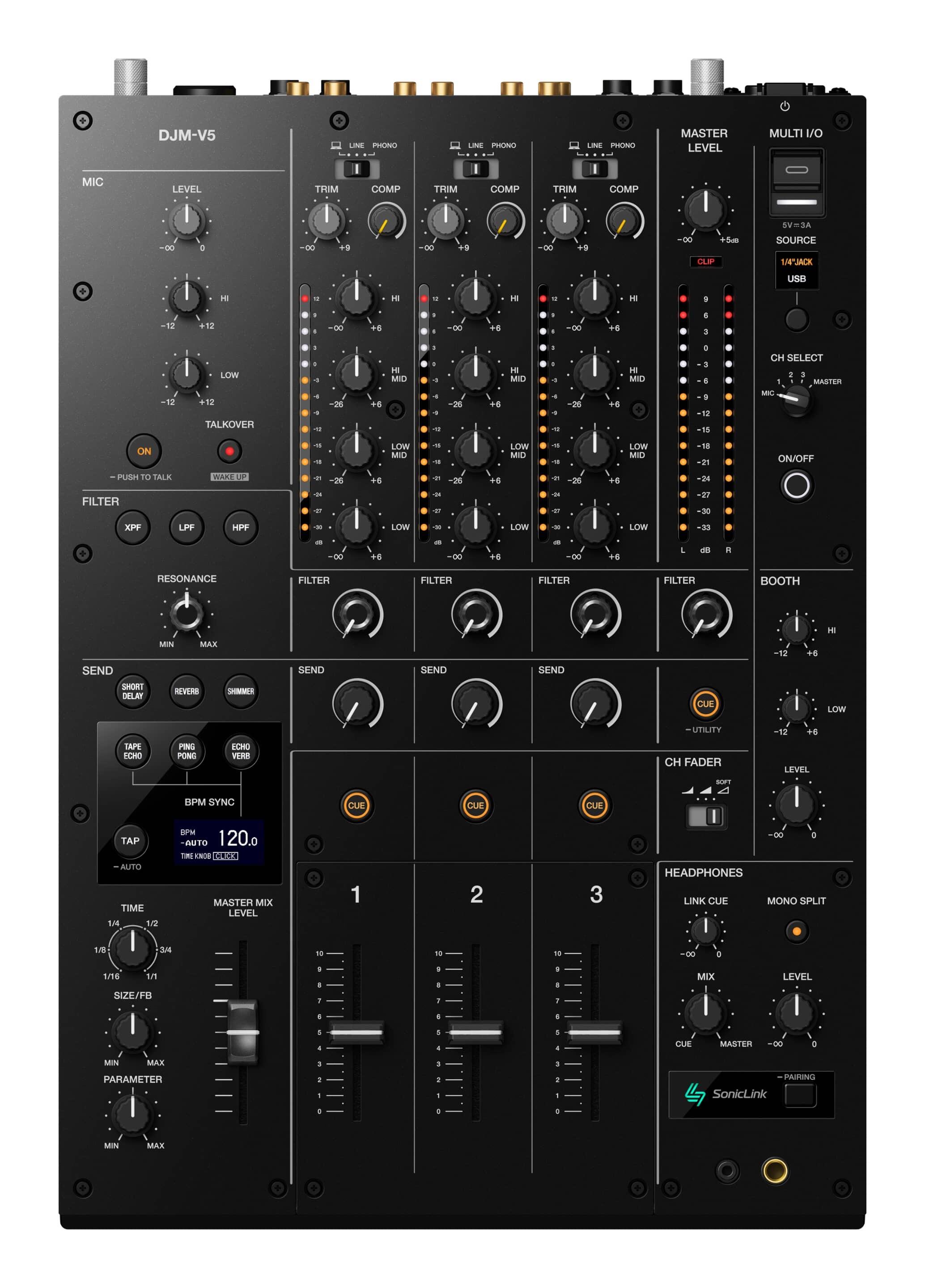 AlphaTheta DJM-V5 3-channel professional DJ mixer top