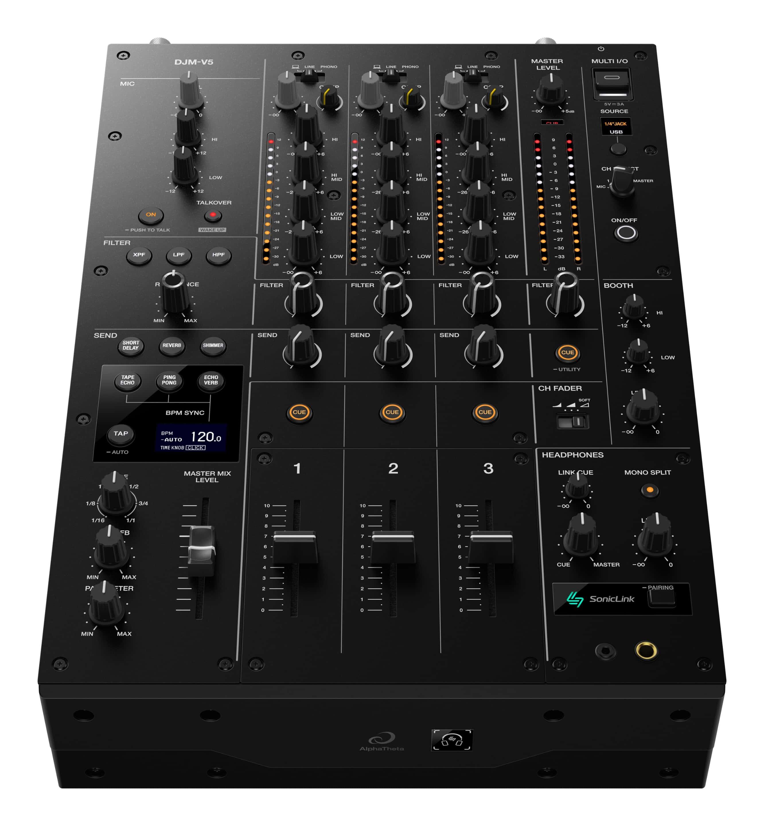 AlphaTheta DJM-V5 3-channel professional DJ mixer front angle