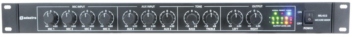 Adastra ML432 4mic + 3aux rack mixer 1U front