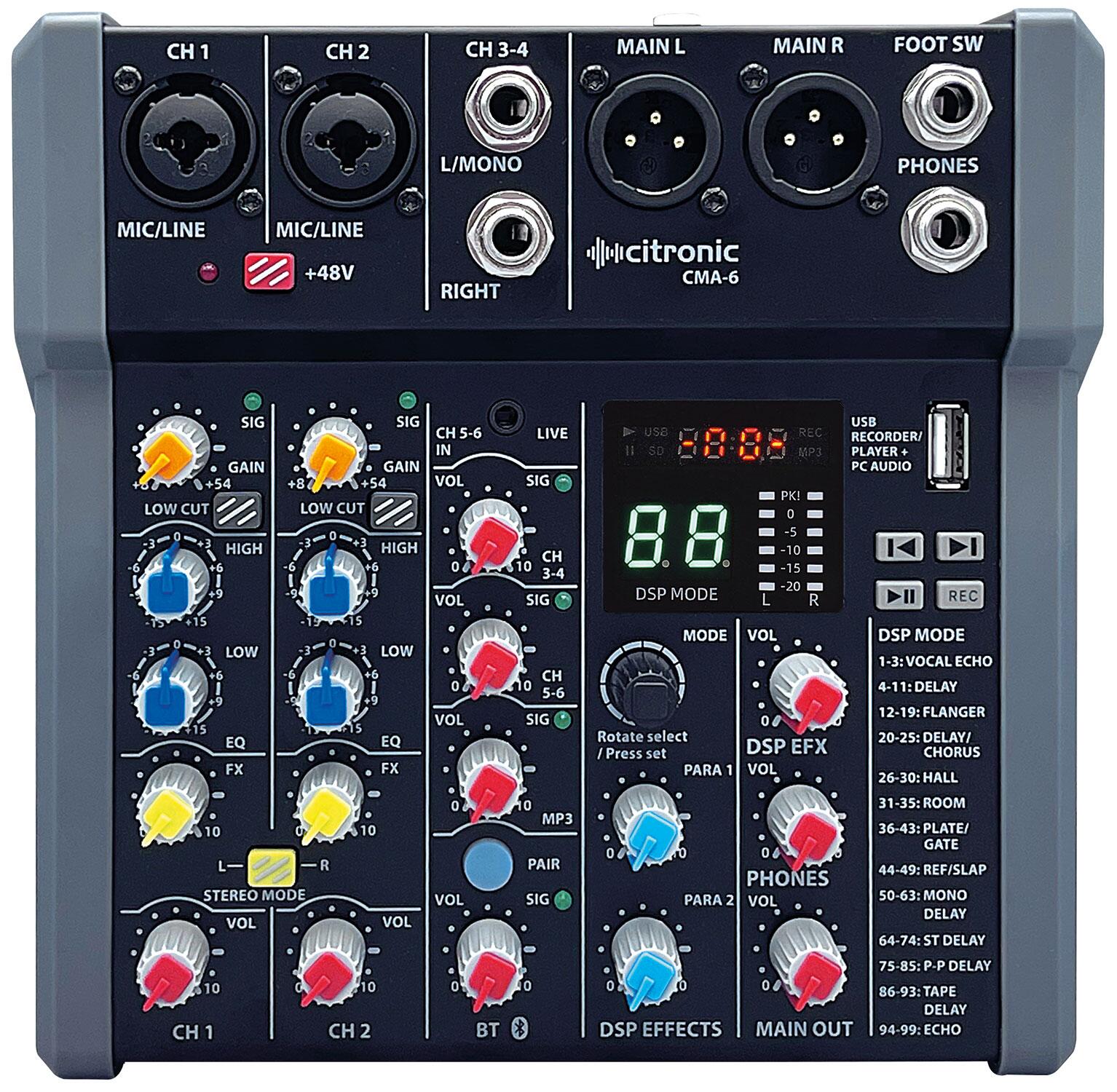 Citronic CMA-6 Compact Mixer with DSP FX and BT/USB top