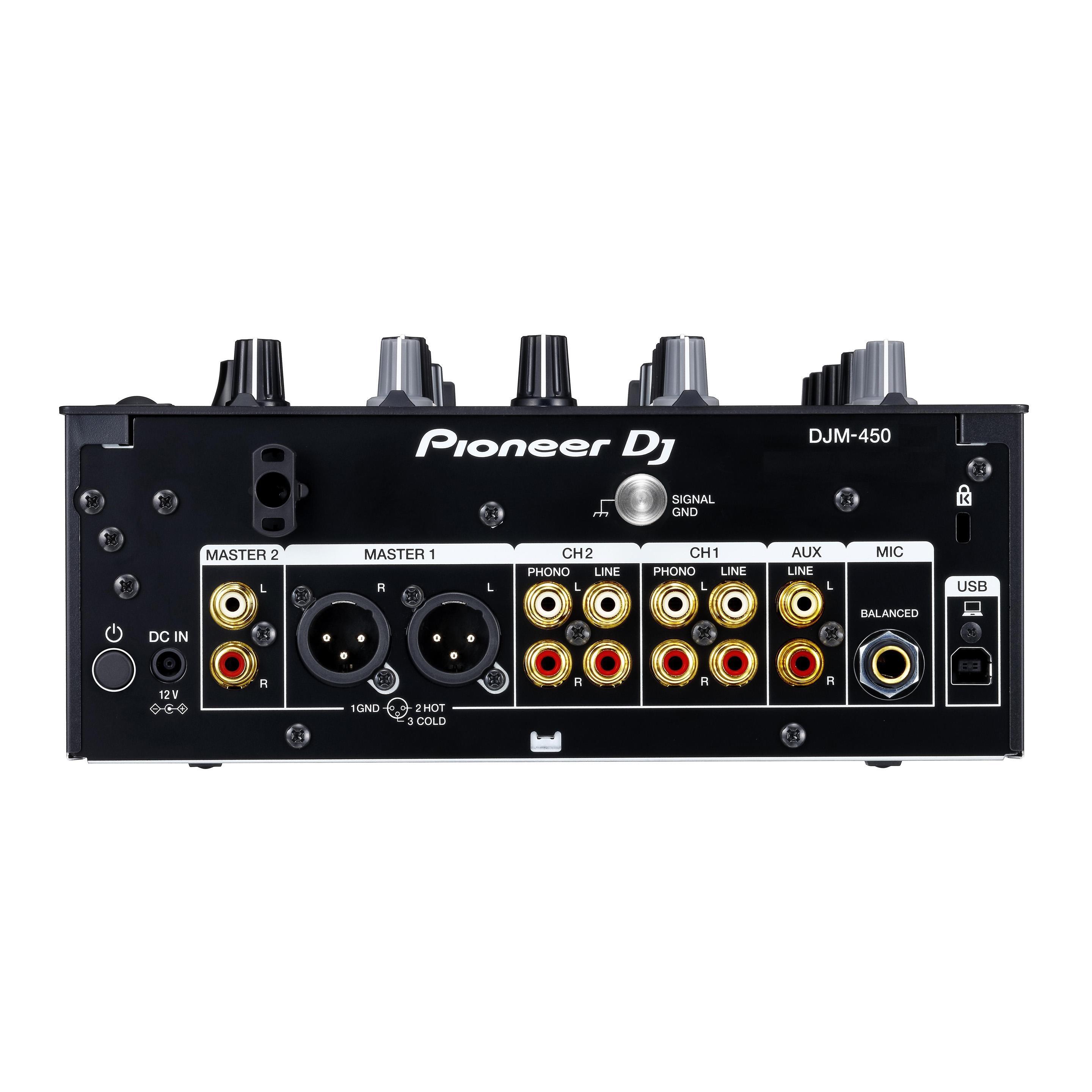 Pioneer DJ DJM-450 DJ mixer front angle