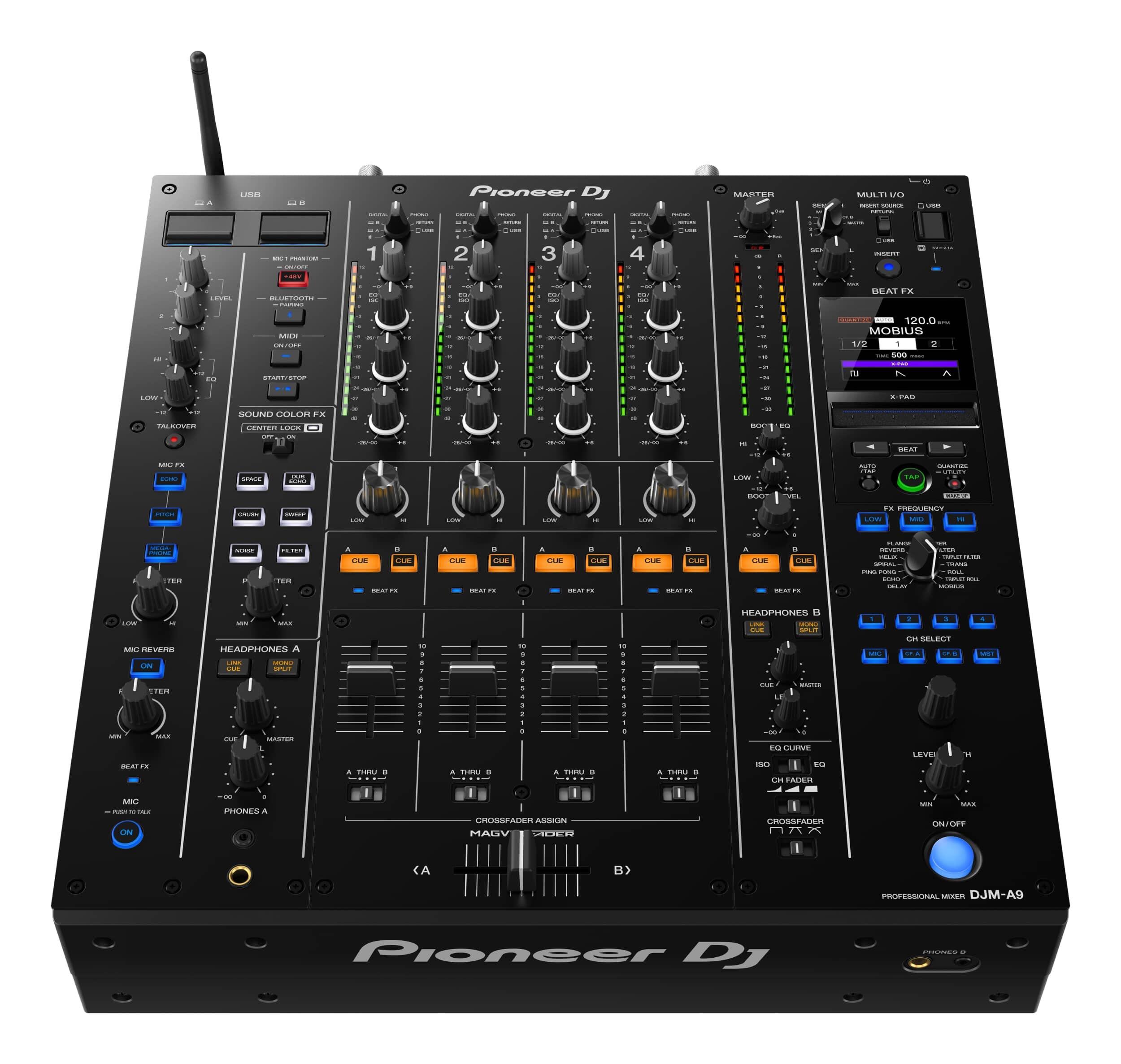 Pioneer DJ DJM-A9 professional DJ mixer front angle
