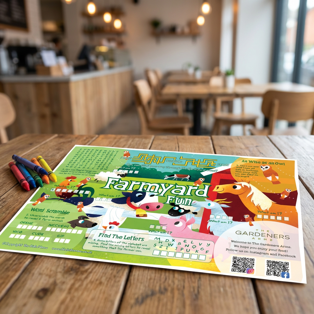 custom kids menu placemat with restaurant logo and QR code
