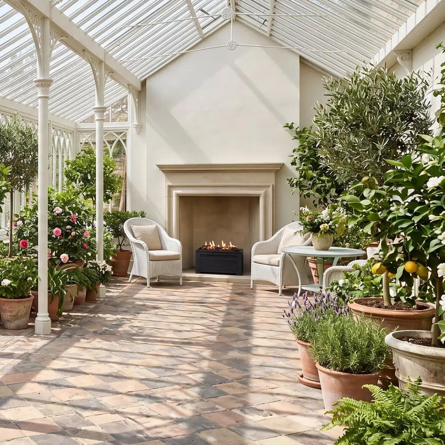 Robeys Heritage fire basket in a fireplace at the end of a bright plant-filled orangery