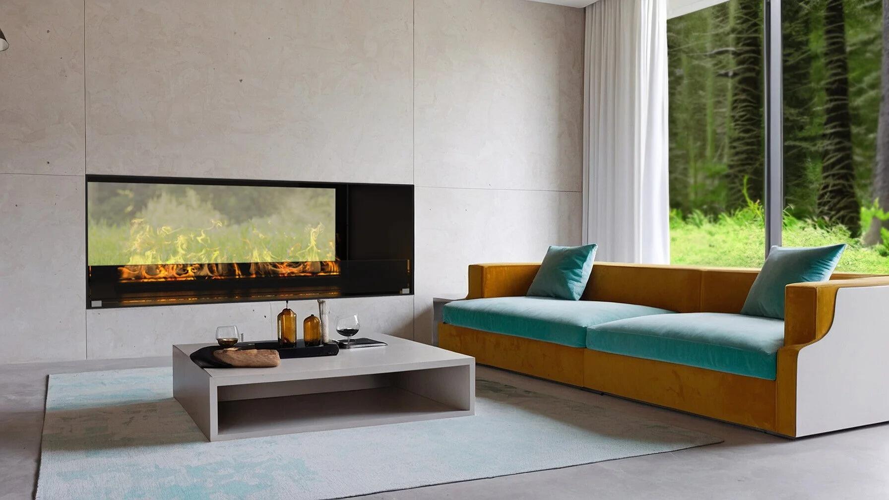 Montreal Clear Hybrid Mist fire in a white wall above a long sofa