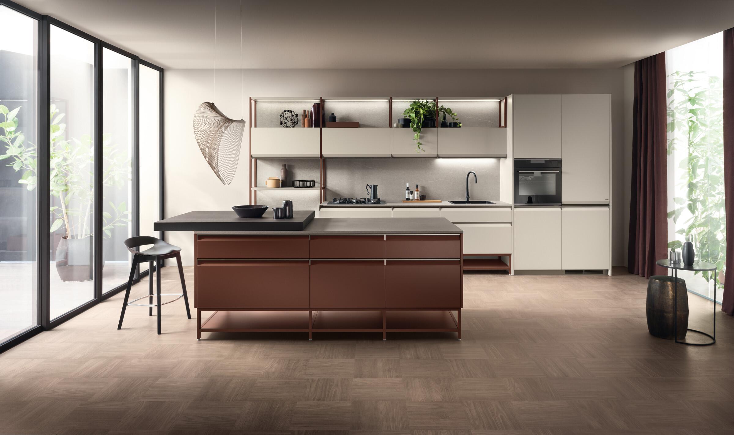 Scavolini Formalia kitchen with a rust-coloured island and pale wall units