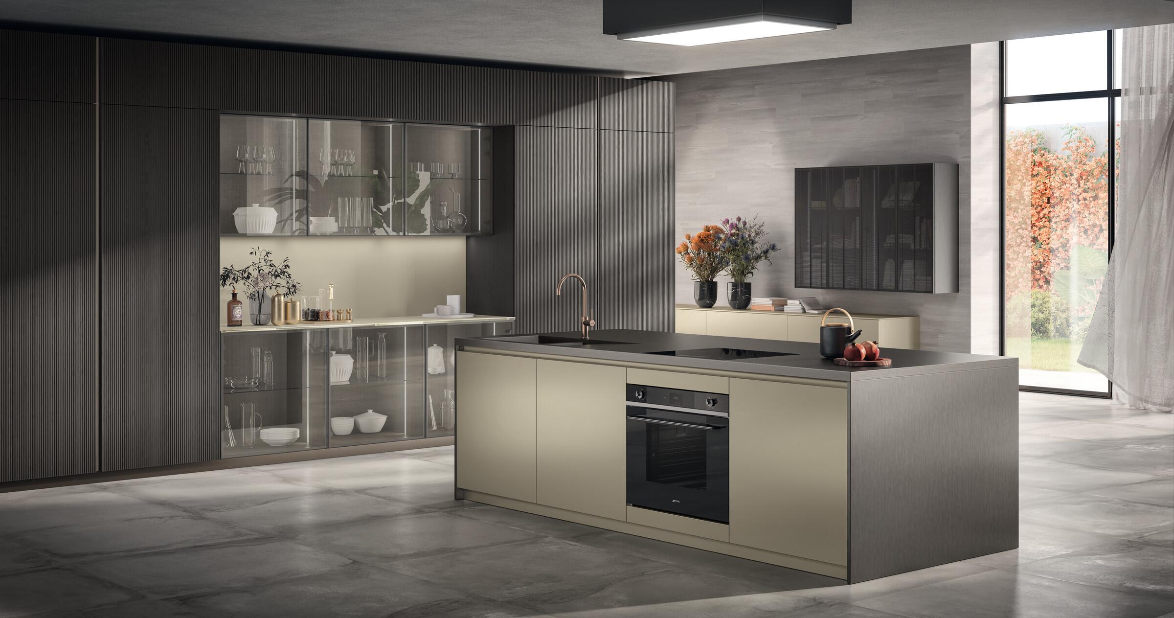 Scavolini Libra kitchen in Perlage gloss lacquer with Pepper Oak slats
