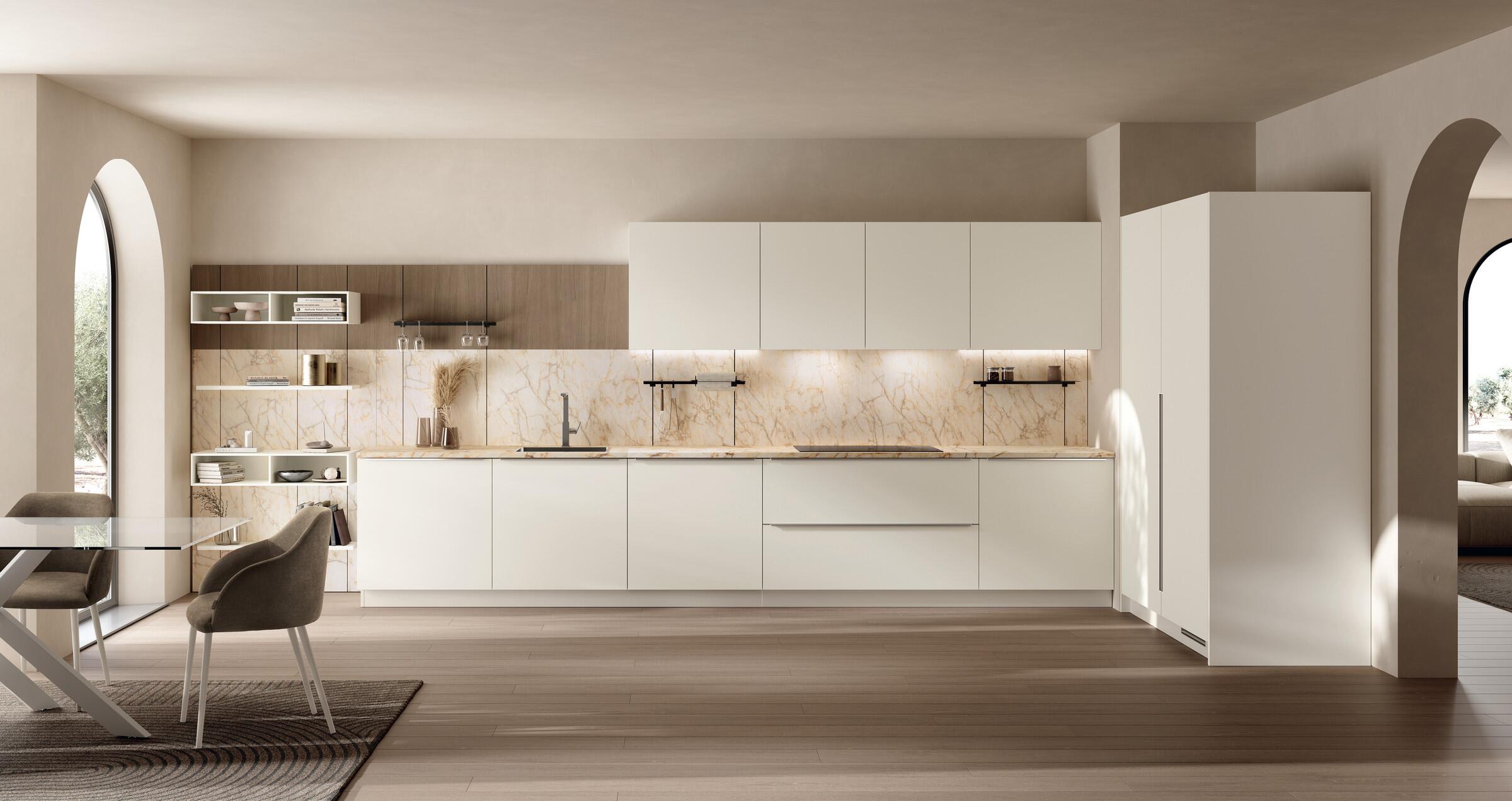 Scavolini Moda kitchen – Linear composition, Talcum Powder White PET doors