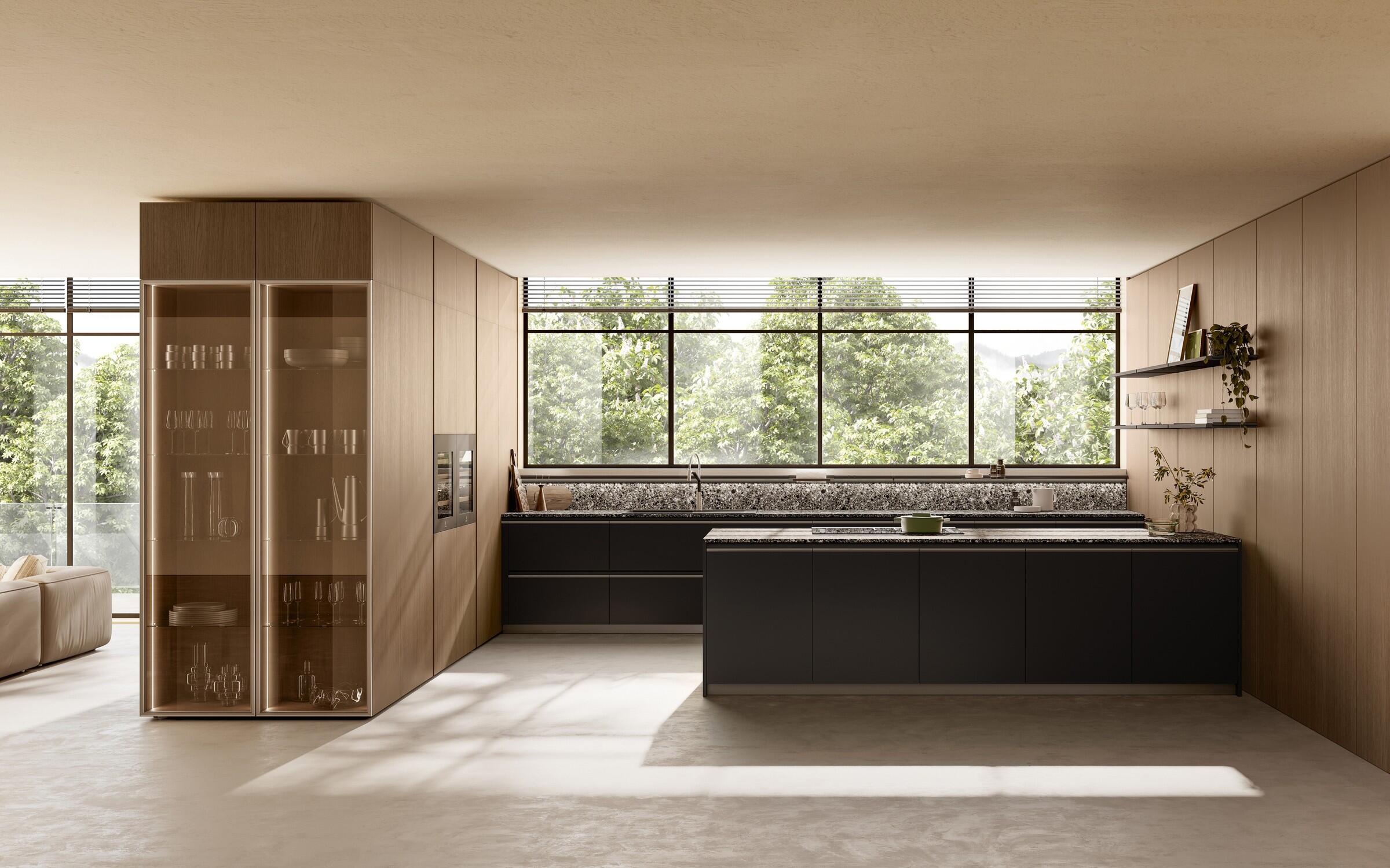 Scavolini Stilo kitchen – Composition with peninsula, Ink Black and Toffee Oak decorative melamine doors
