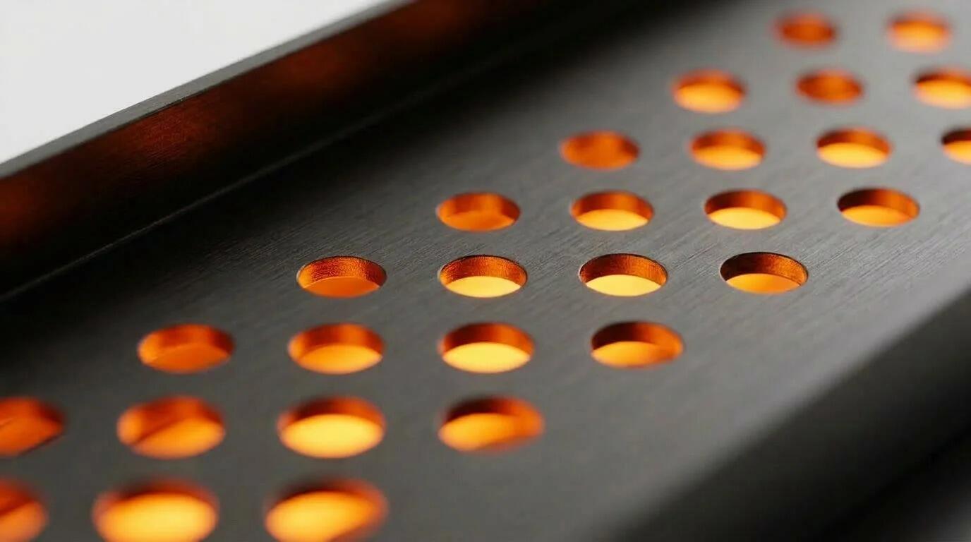Close-up of the LogicWood burner LED light holes glowing warm orange