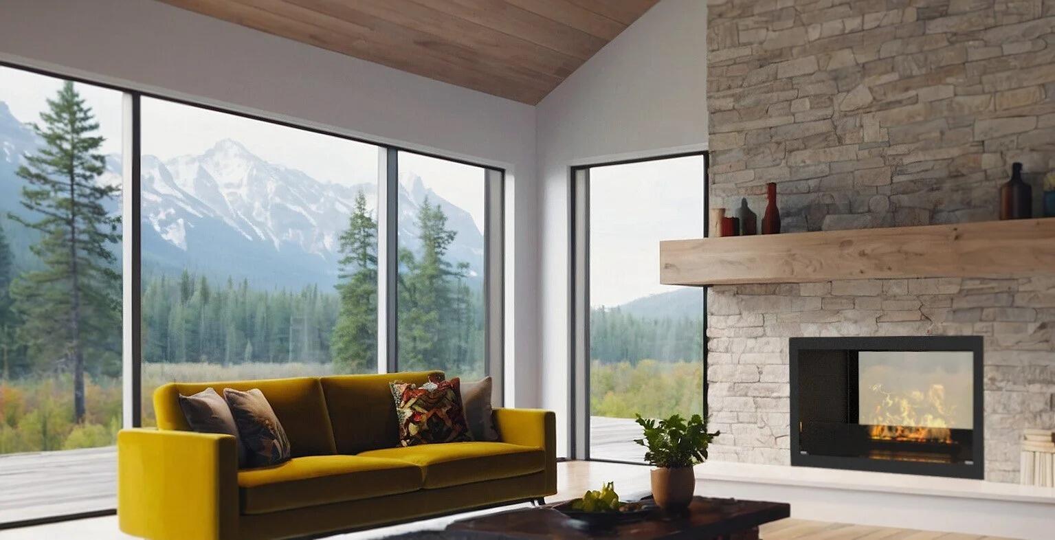 Montreal Clear Hybrid Mist fire in a stone wall in a mountain-view living room