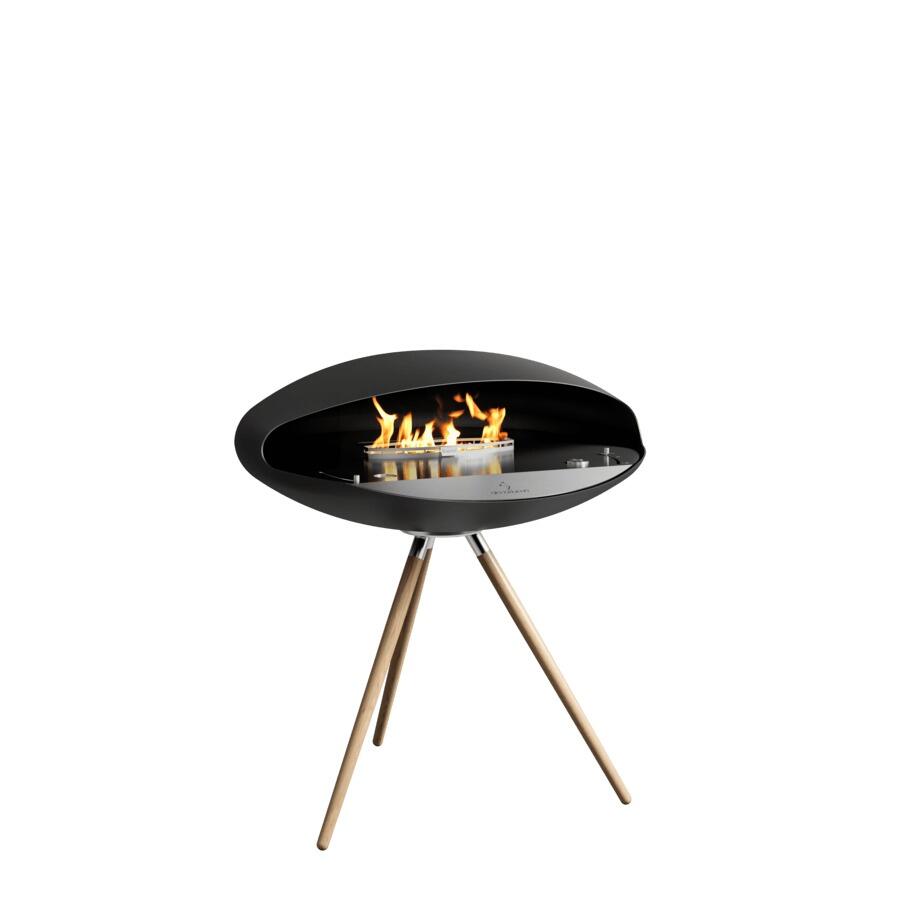 Espoo floor-standing fire with brushed steel top plate and light oak legs