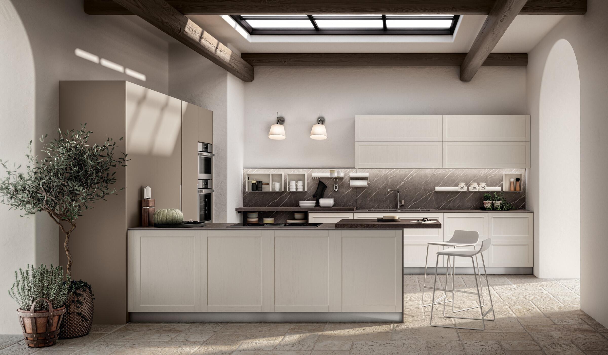 Scavolini Carattere kitchen with an Orizzonte Up magnetic wall panel in Dark Pulpis laminate