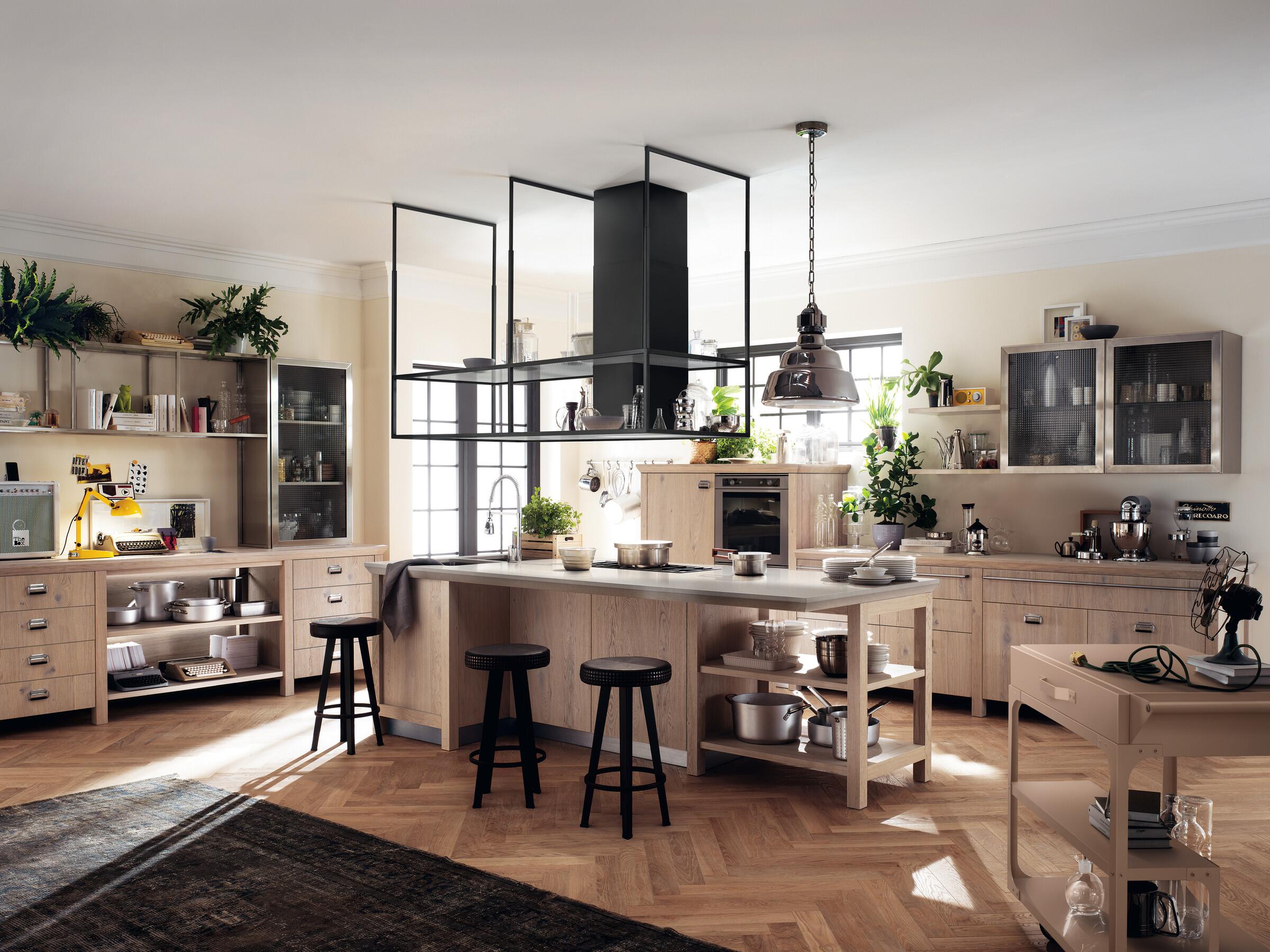 Scavolini Diesel Social Kitchen in Ruxe White wood and Spotless Metal steel with wired glass