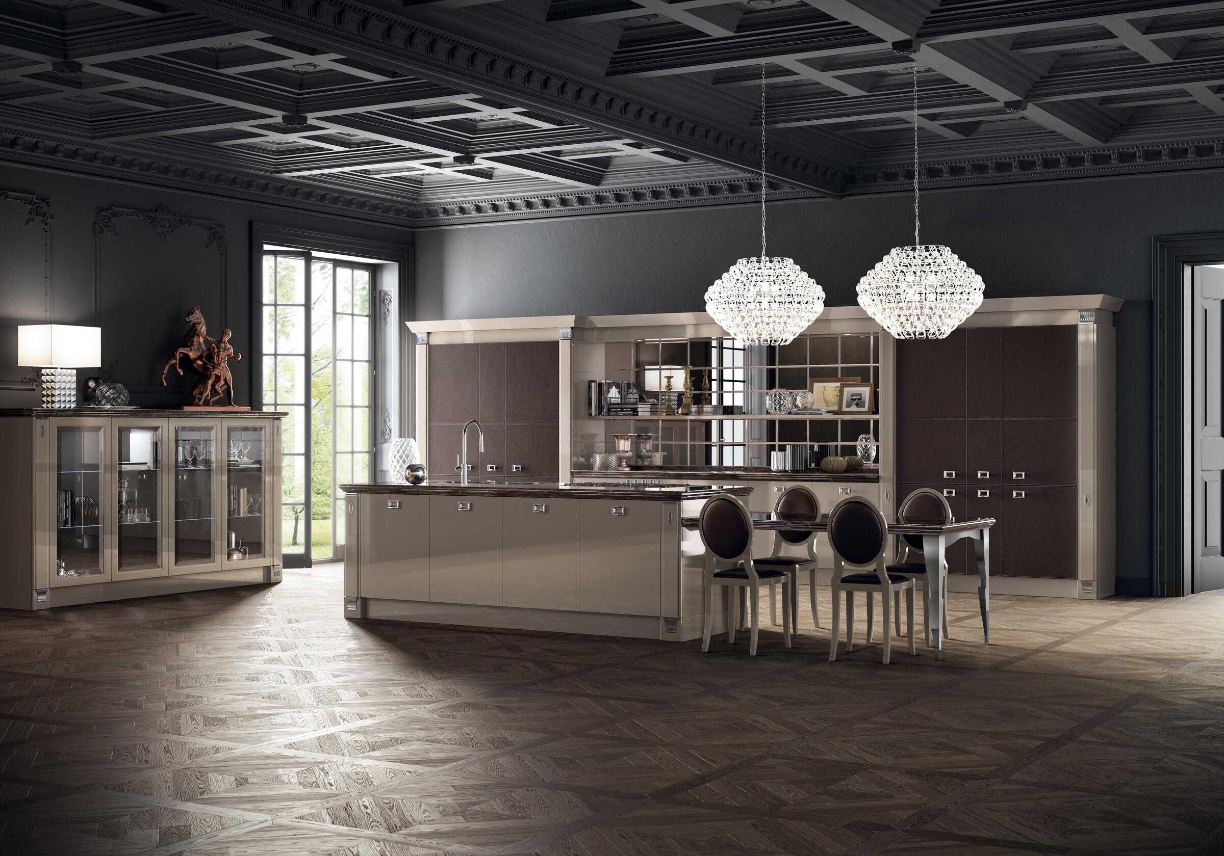 Scavolini Exclusiva kitchen in Mink gloss lacquer with Ebony leather details