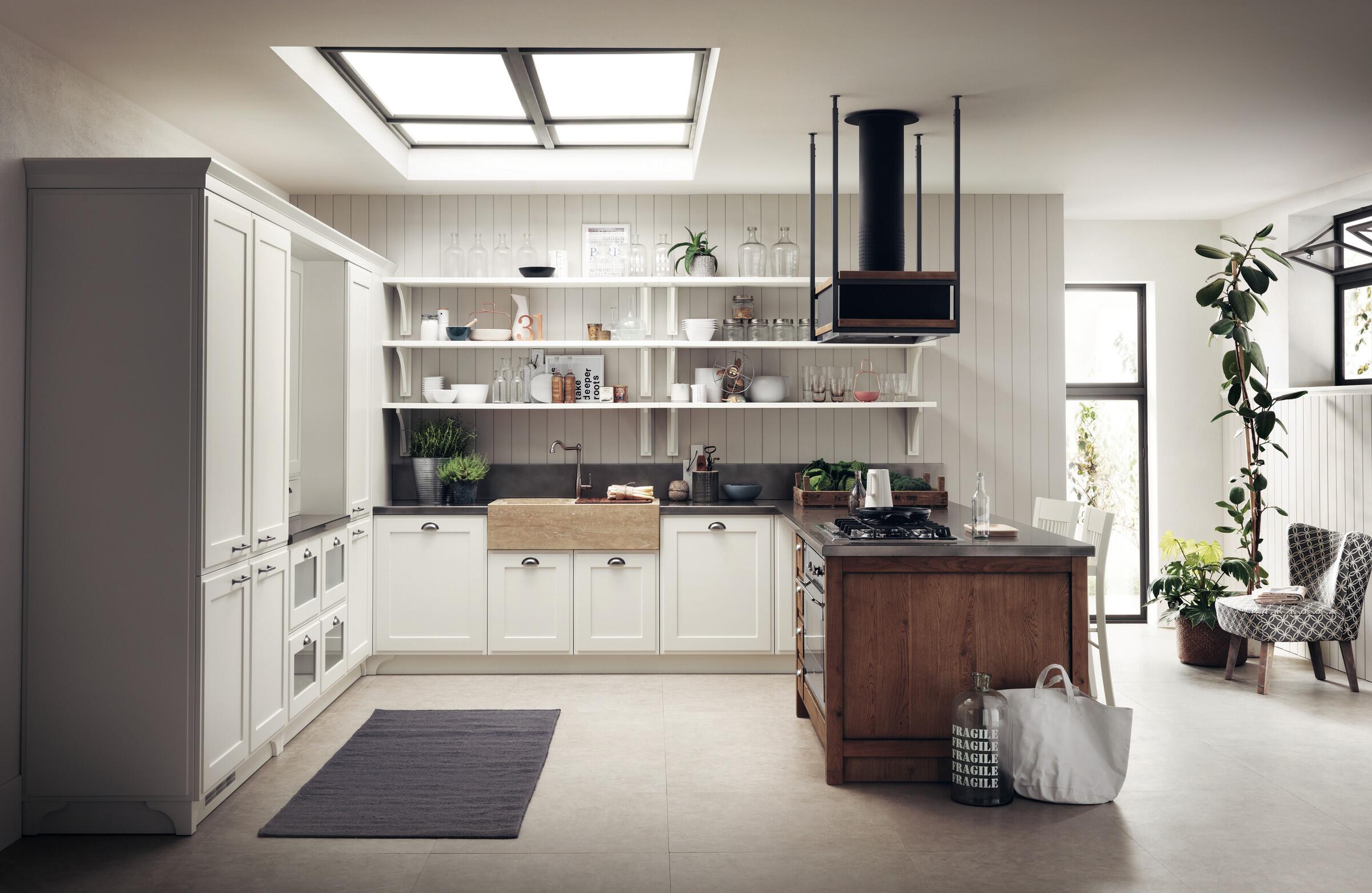 Scavolini Favilla kitchen in white with a wood island, open shelving and skylight