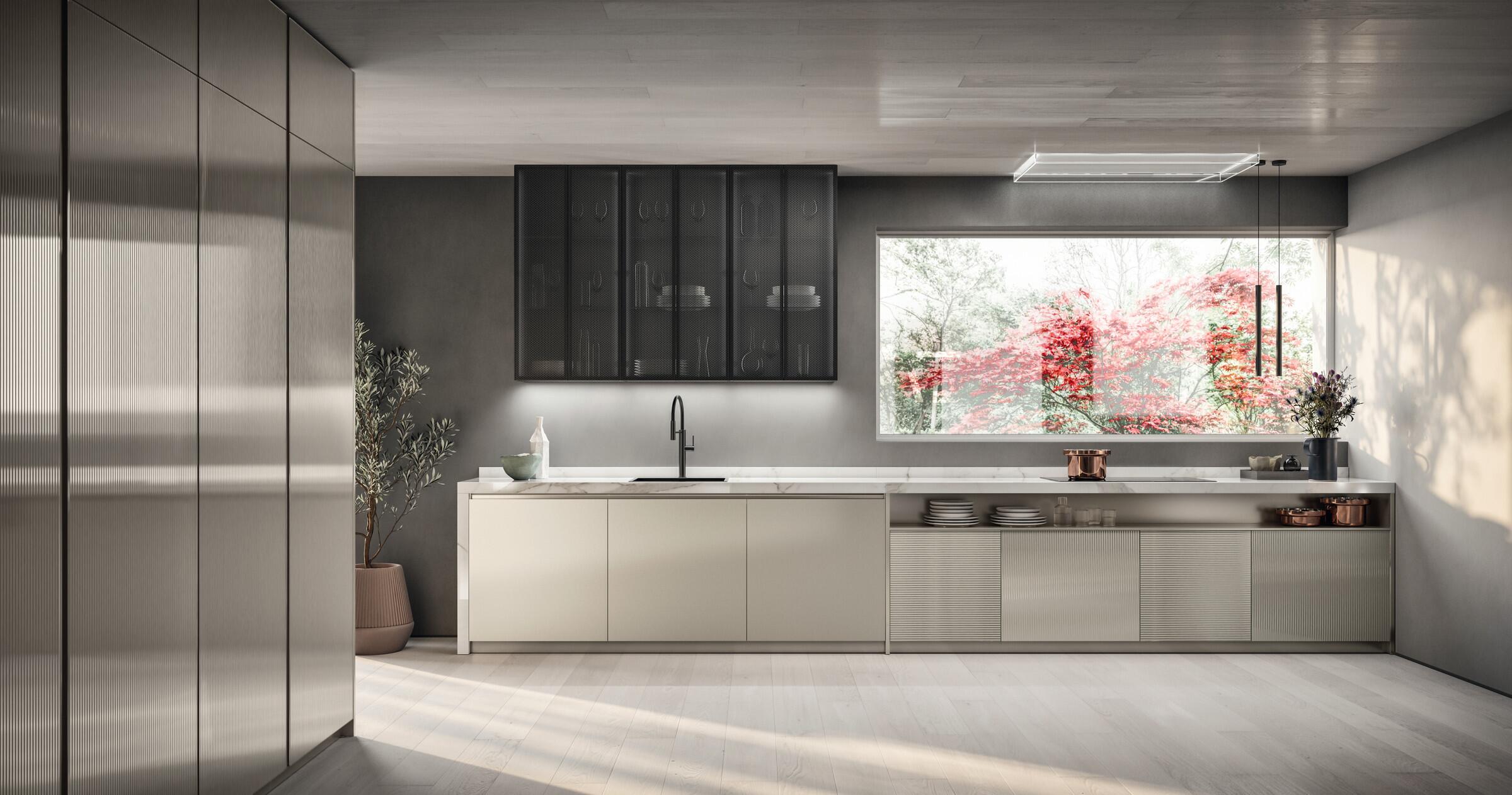 Scavolini Libra kitchen – Wall-mounted linear composition in Perlage ribbed matt glass
