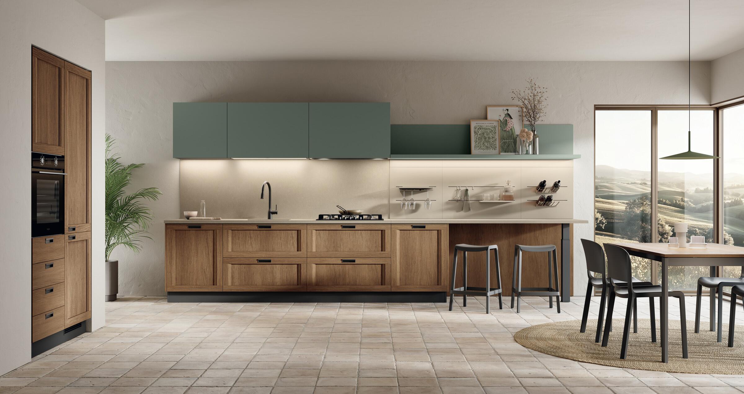 Scavolini Moda linear kitchen in Land Oak frame doors and Forest plain doors