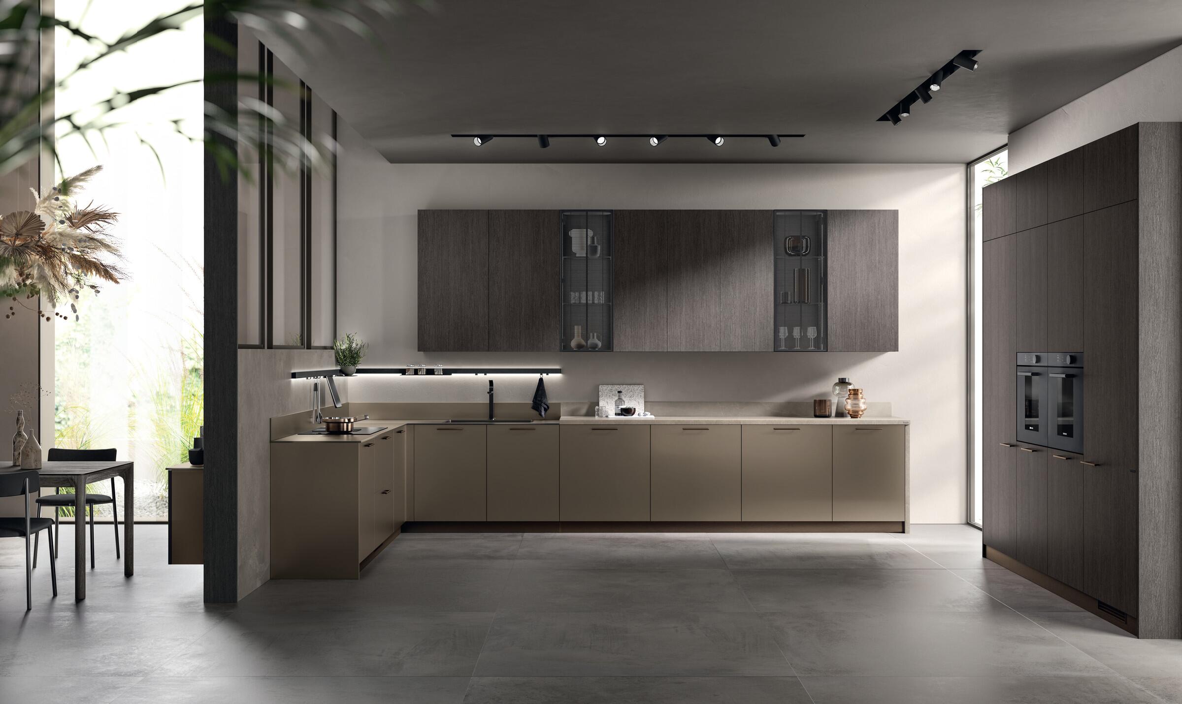 Scavolini Musa kitchen with Matera Grey matt glass and Oriental decorative melamine