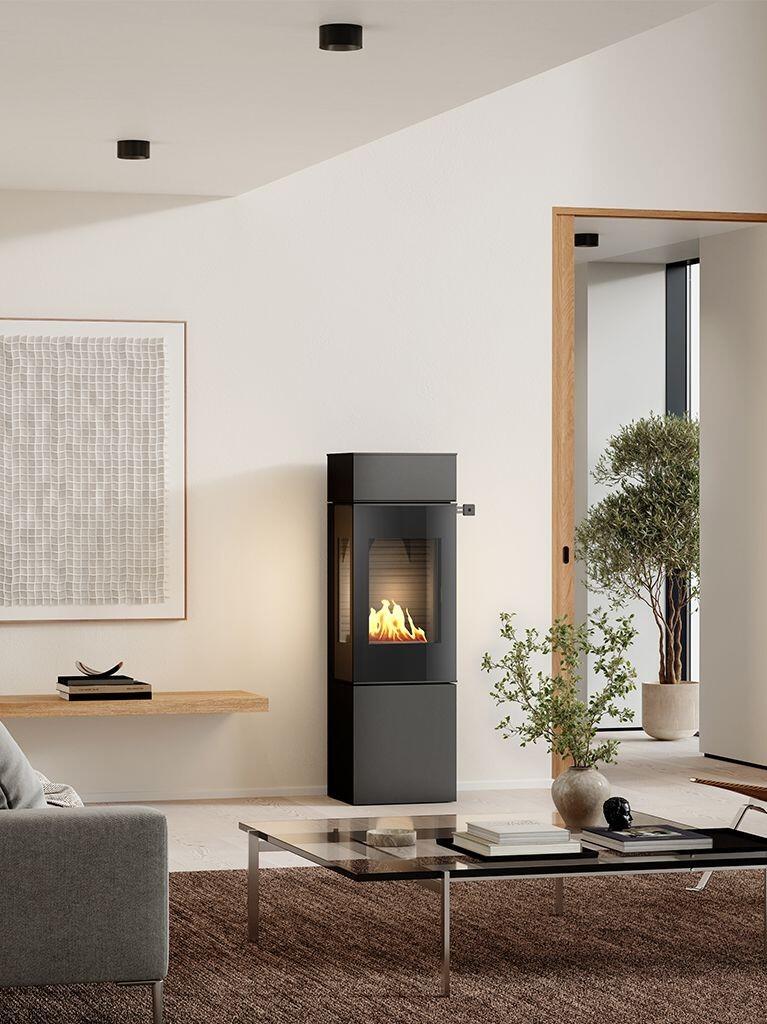Rais Nexo 140 Bio bio-ethanol stove in black in a light living room