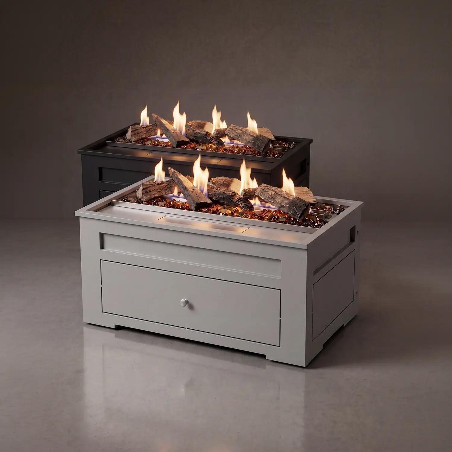 Heritage bio-ethanol fire basket by Decoflame in Matt Black and Gunmetal finishes, with ceramic logs and flames