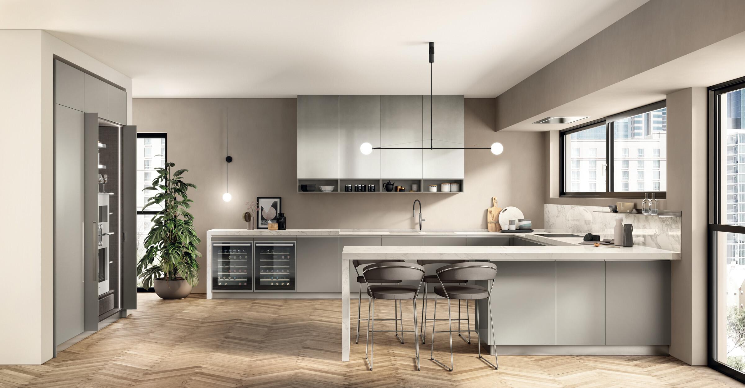 Scavolini Boxi kitchen with a peninsula and metal-effect lacquered wall units