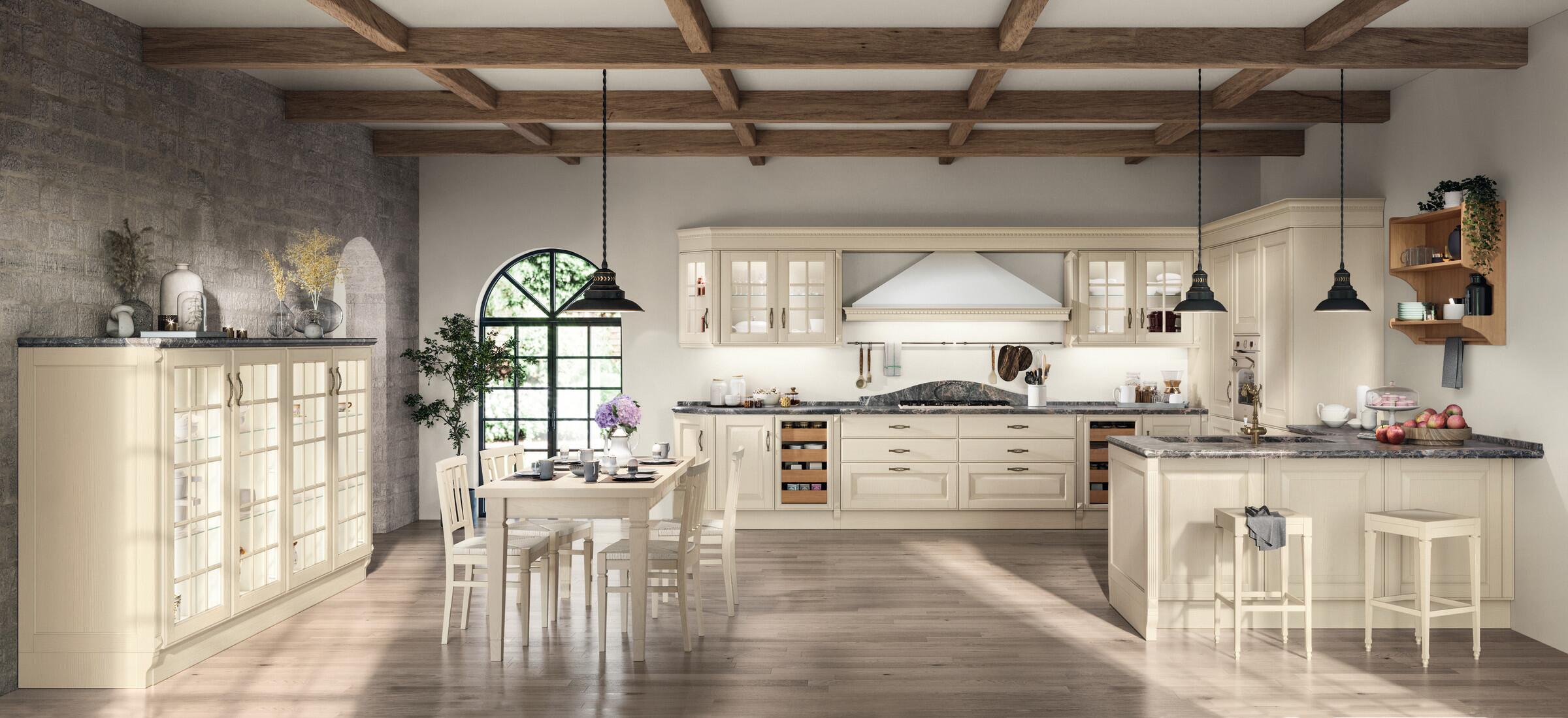 Scavolini Baltimora kitchen in White Ash with a Grey St. Laurent marble worktop
