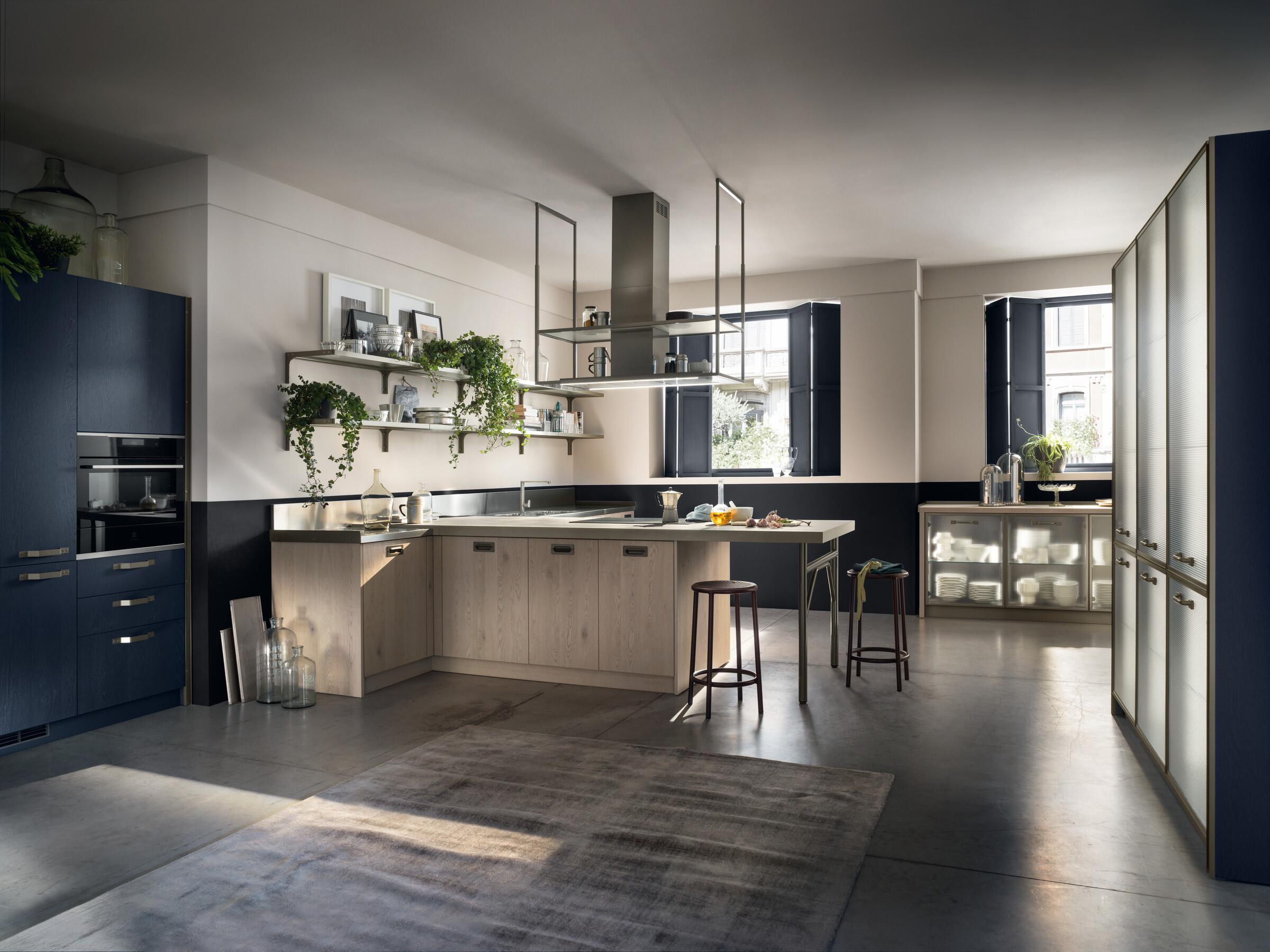 Scavolini Diesel Get Together peninsula kitchen with Titanium frame island hood