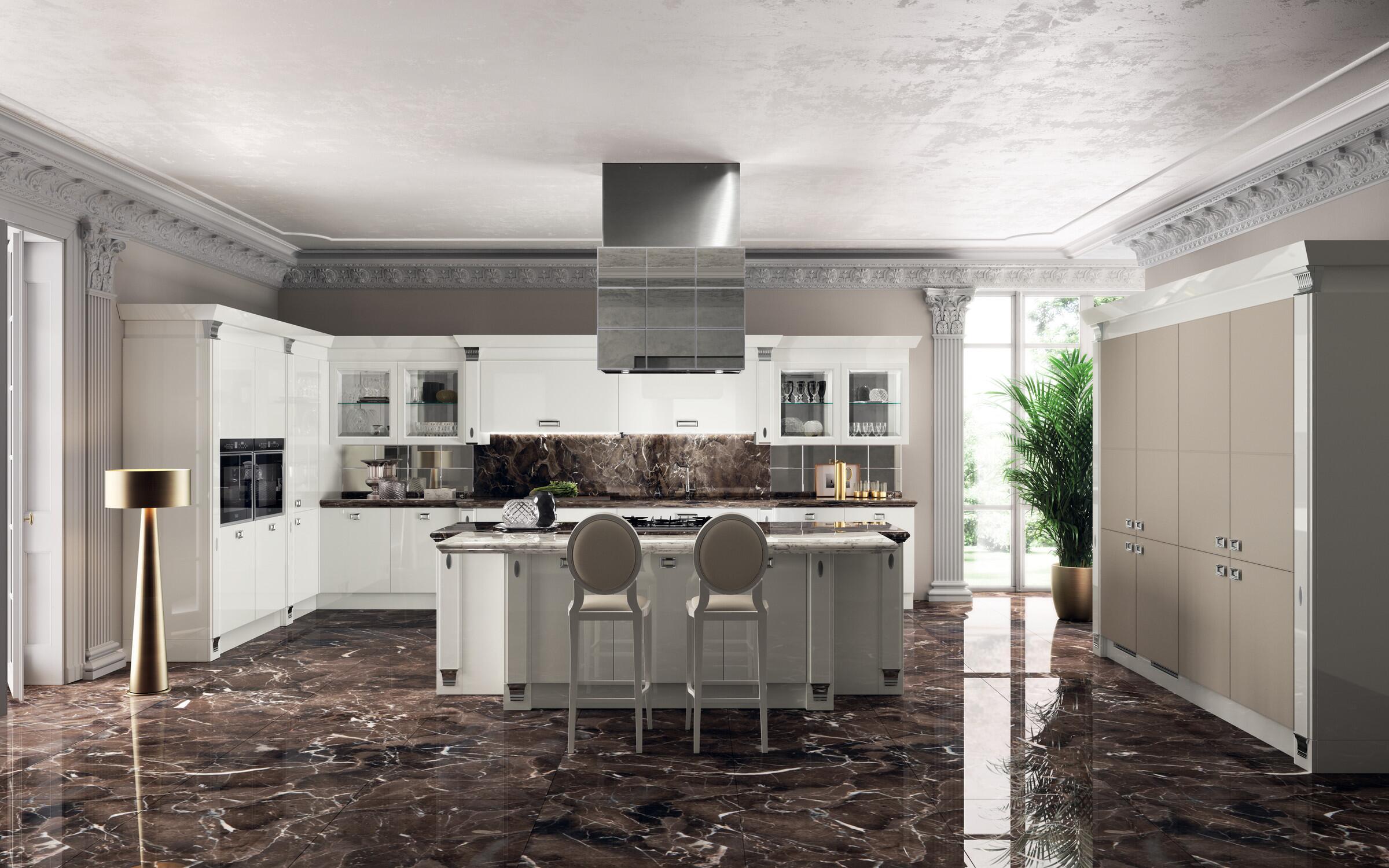 Scavolini Exclusiva kitchen in Prestige White gloss lacquer with Pearl Grey leather details