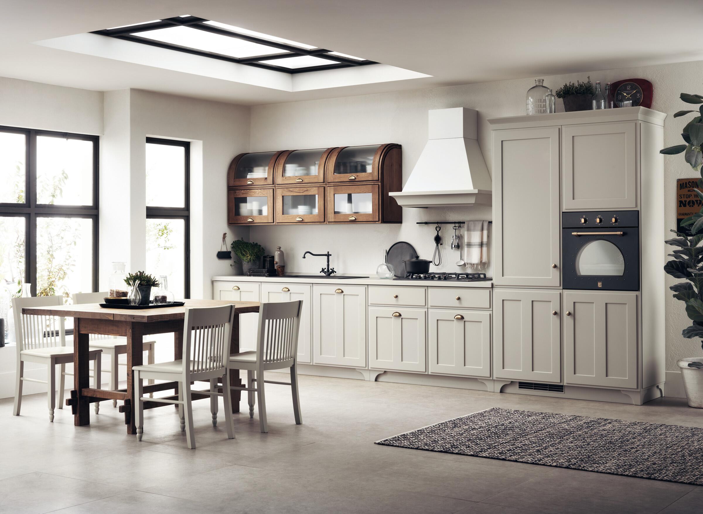 Scavolini Favilla linear kitchen in Dove Grey with curved-top wall units