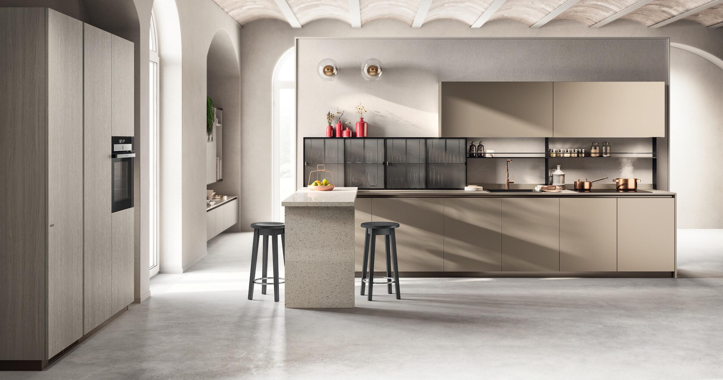 Scavolini Libra kitchen in Urban Bronze laminate with sliding doors
