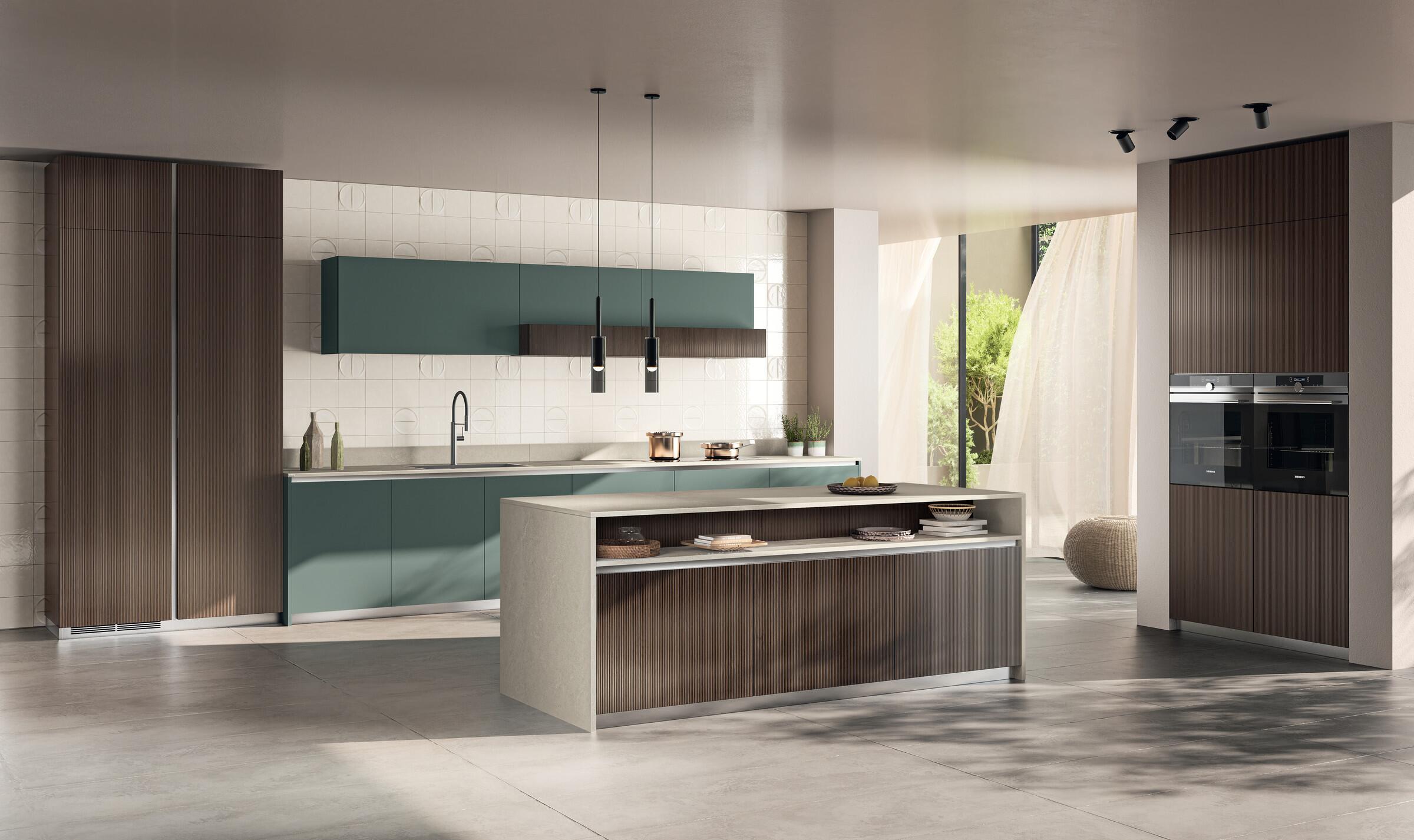 Scavolini Mira kitchen – Island and Lodge decorative melamine doors and Comodoro Green Fenix NTM® doors