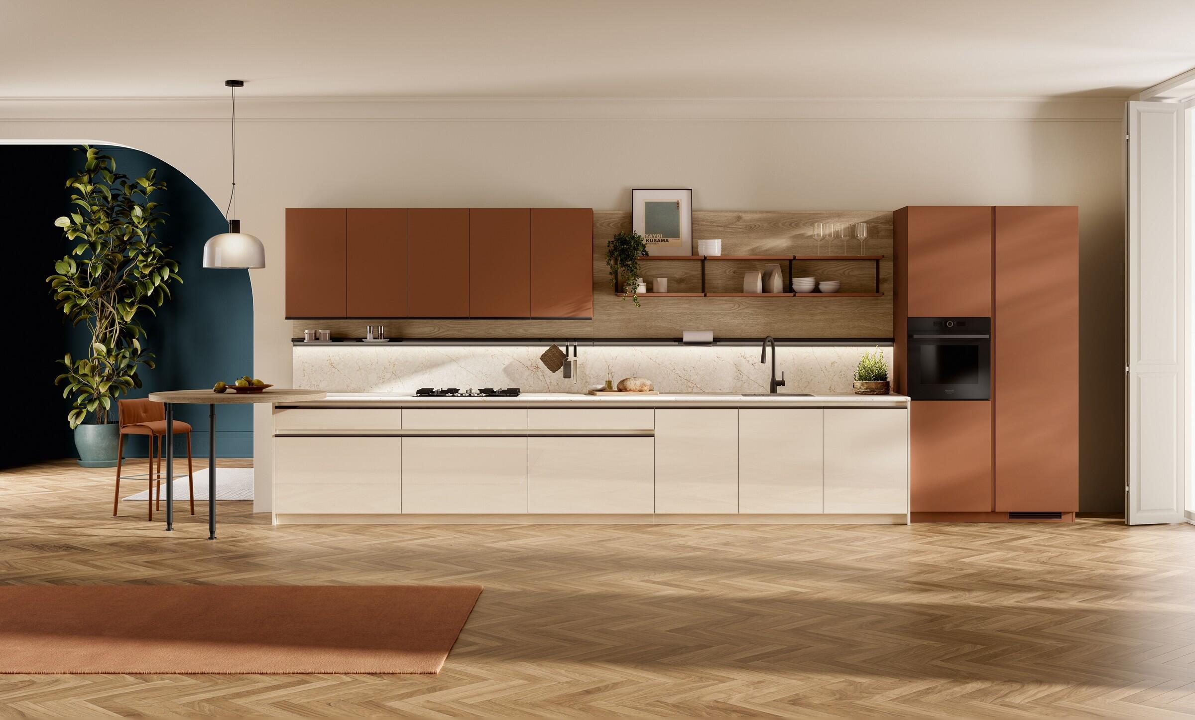 Scavolini Stilo kitchen – Linear composition, Porcelain Cream glossy lacquered and Rust matt lacquered doors