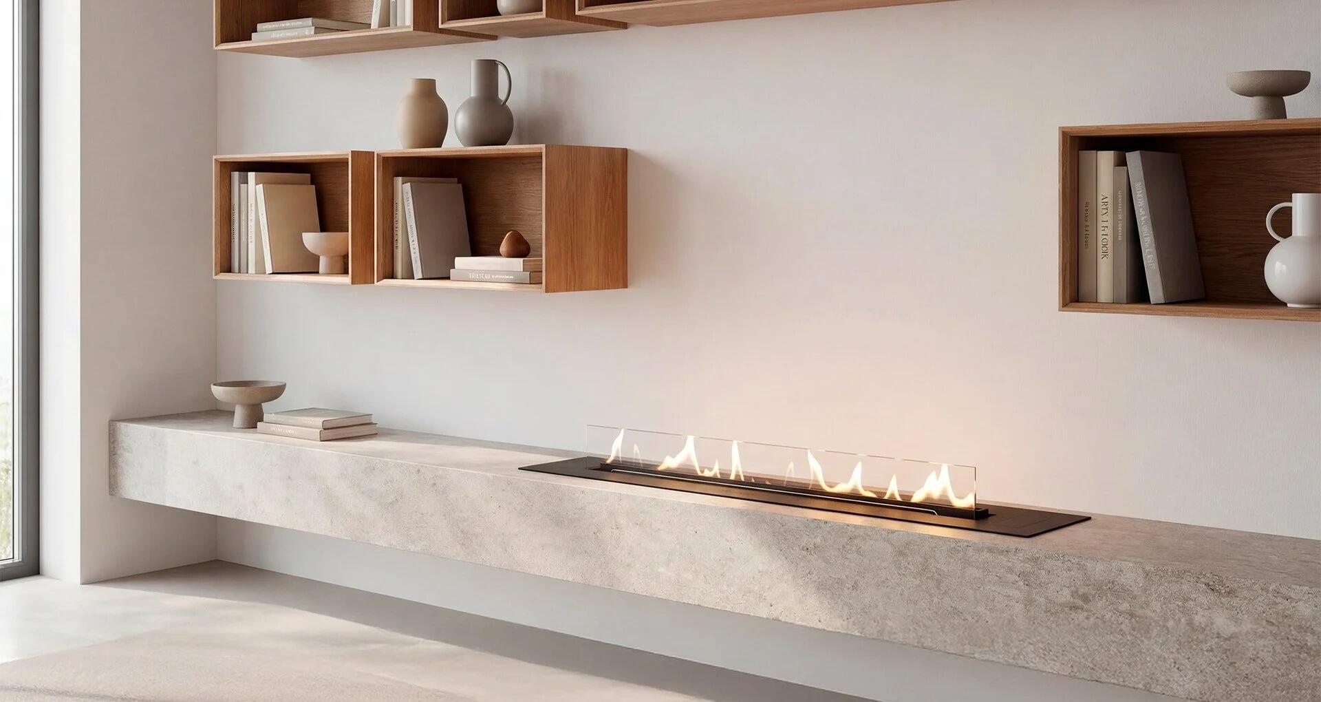 Denver F6 burner set into a long stone-effect bench in a bright living room