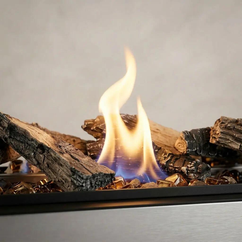 Close-up of bio-ethanol flames rising through ceramic logs in the Robeys Heritage fire basket