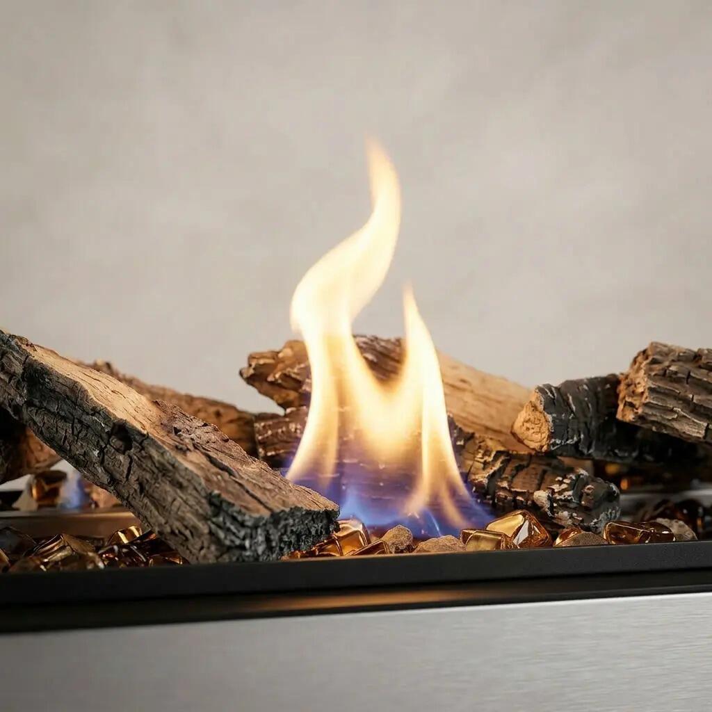 Close-up of bio-ethanol flames rising through the ceramic logs of the Heritage fire basket by Decoflame