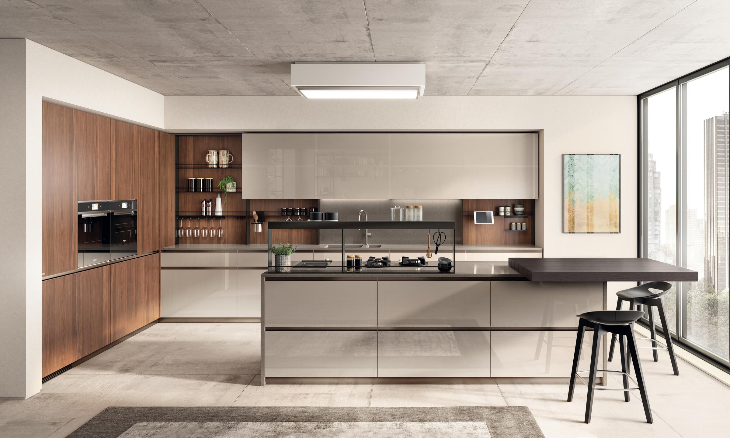 Scavolini Boxi kitchen with a central island in a warm Mink gloss lacquer