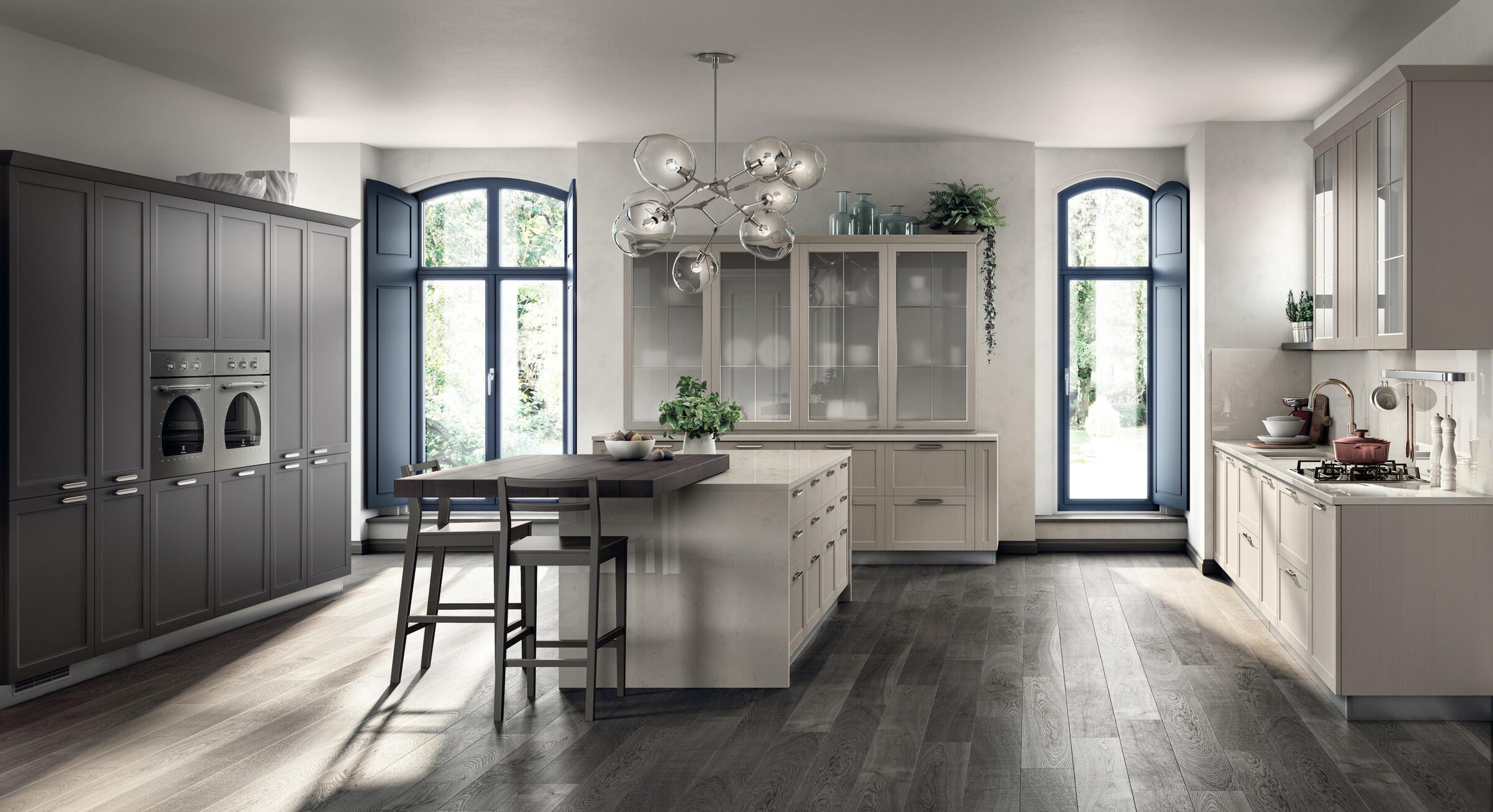 Scavolini Carattere kitchen with an Iron Grey matt lacquered cornice