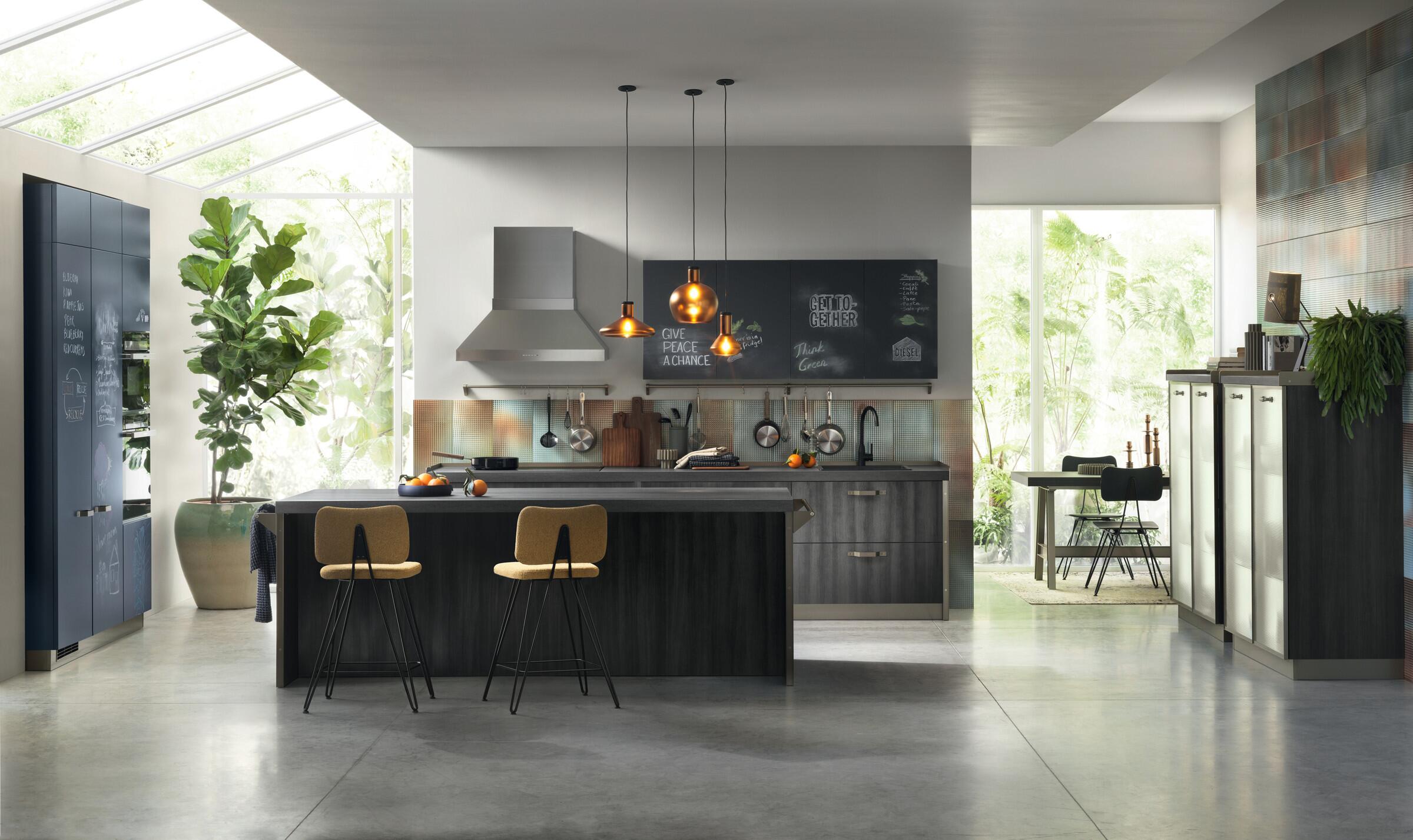 Scavolini Diesel Get Together kitchen with Ink Blue slate-effect tall units