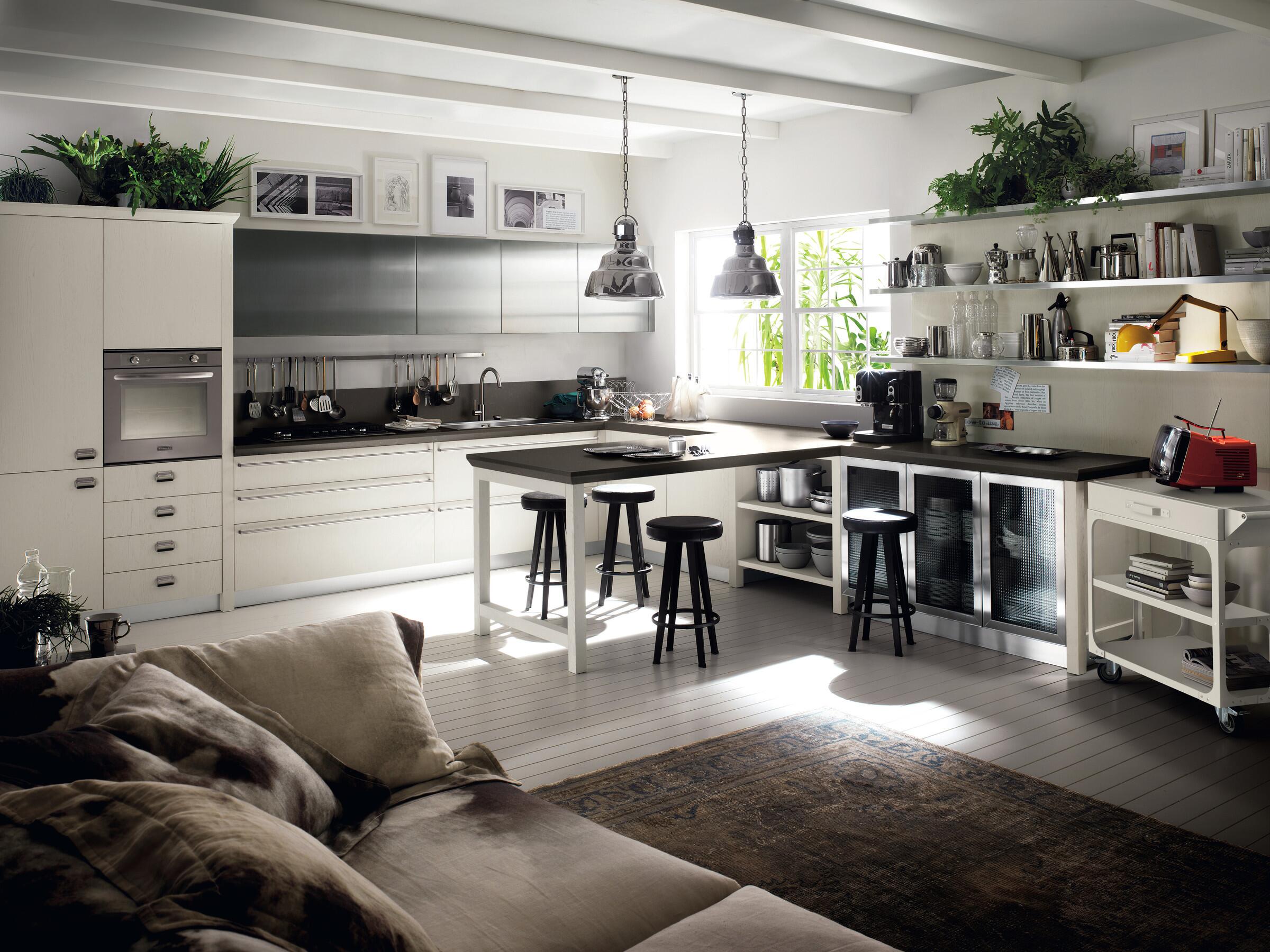 Scavolini Diesel Social Kitchen corner layout with Dove Grey tempera-lacquered oak doors