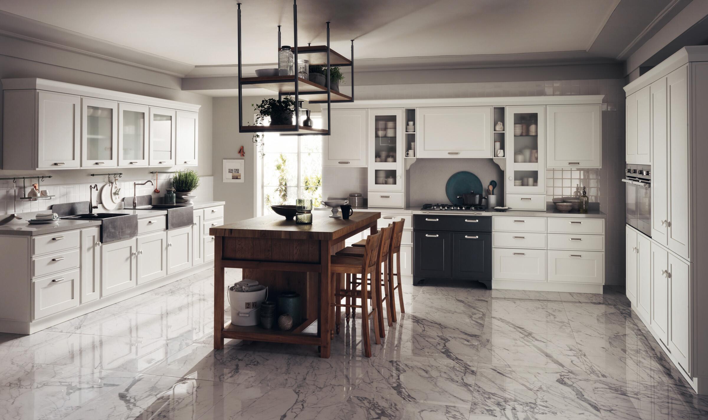 Scavolini Favilla kitchen with a Nodato Oak island and hanging rack