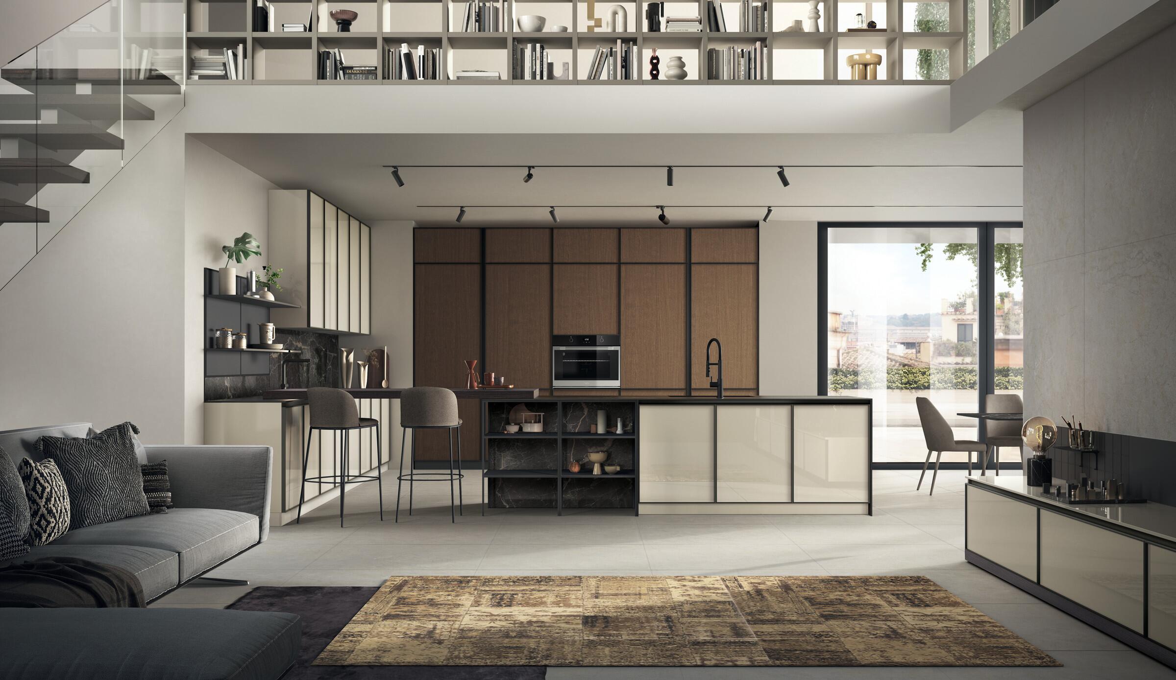 Scavolini Jeometrica kitchen – Composition with island, Dove Grey polished glass and Malt Oak veneered doors with Anthracite frame