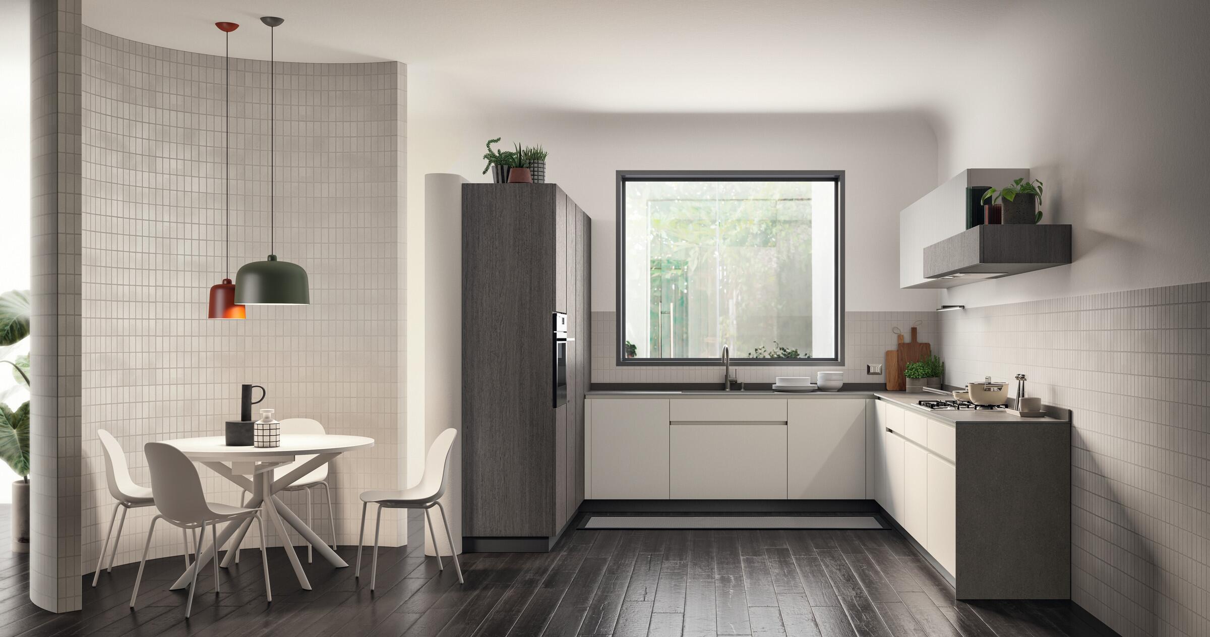 Scavolini Libra kitchen in Prestige White with Heron Grey slats