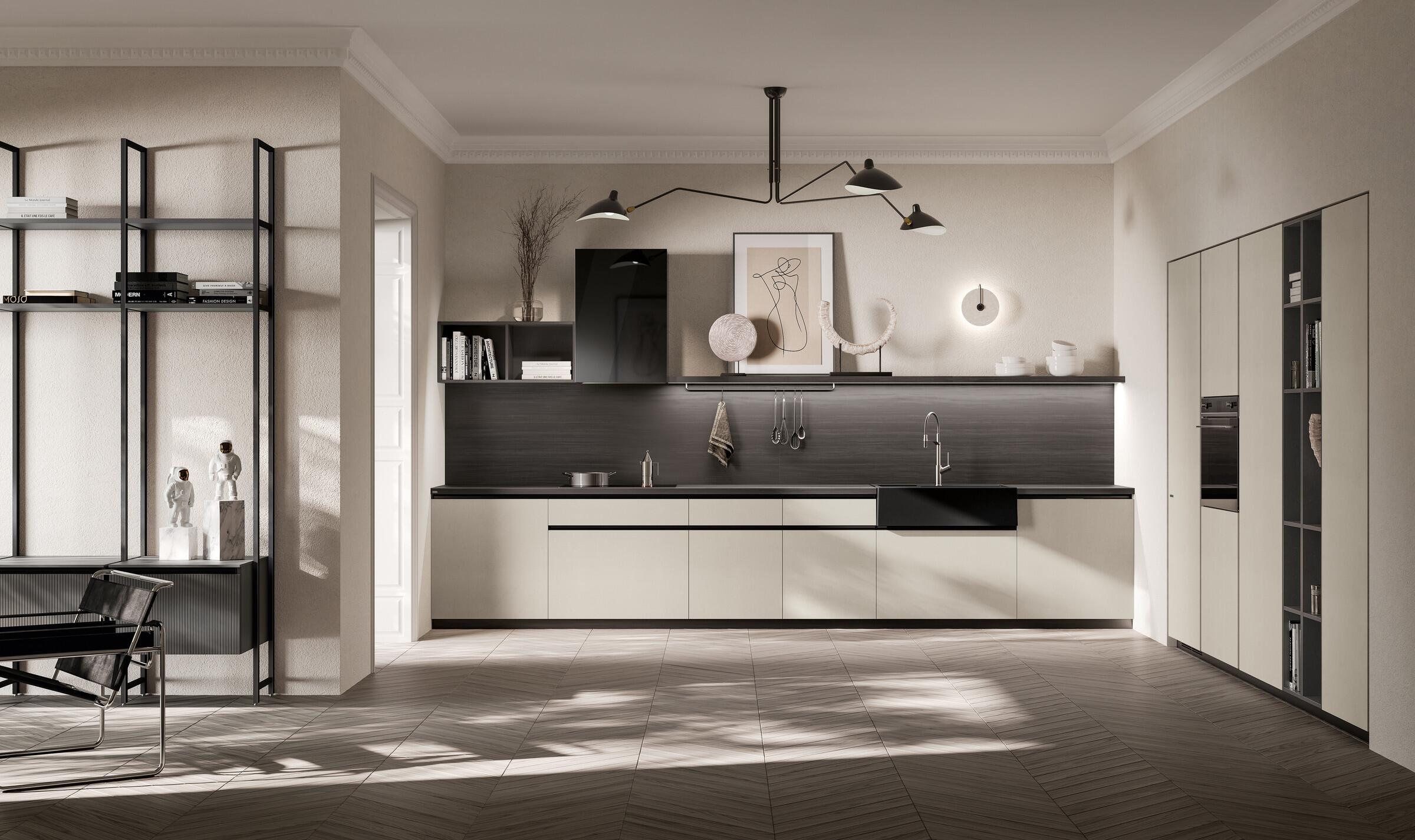 Scavolini Mira kitchen – Hemp decorative melamine doors and Gate Matter decorative melamine open-fronted elements