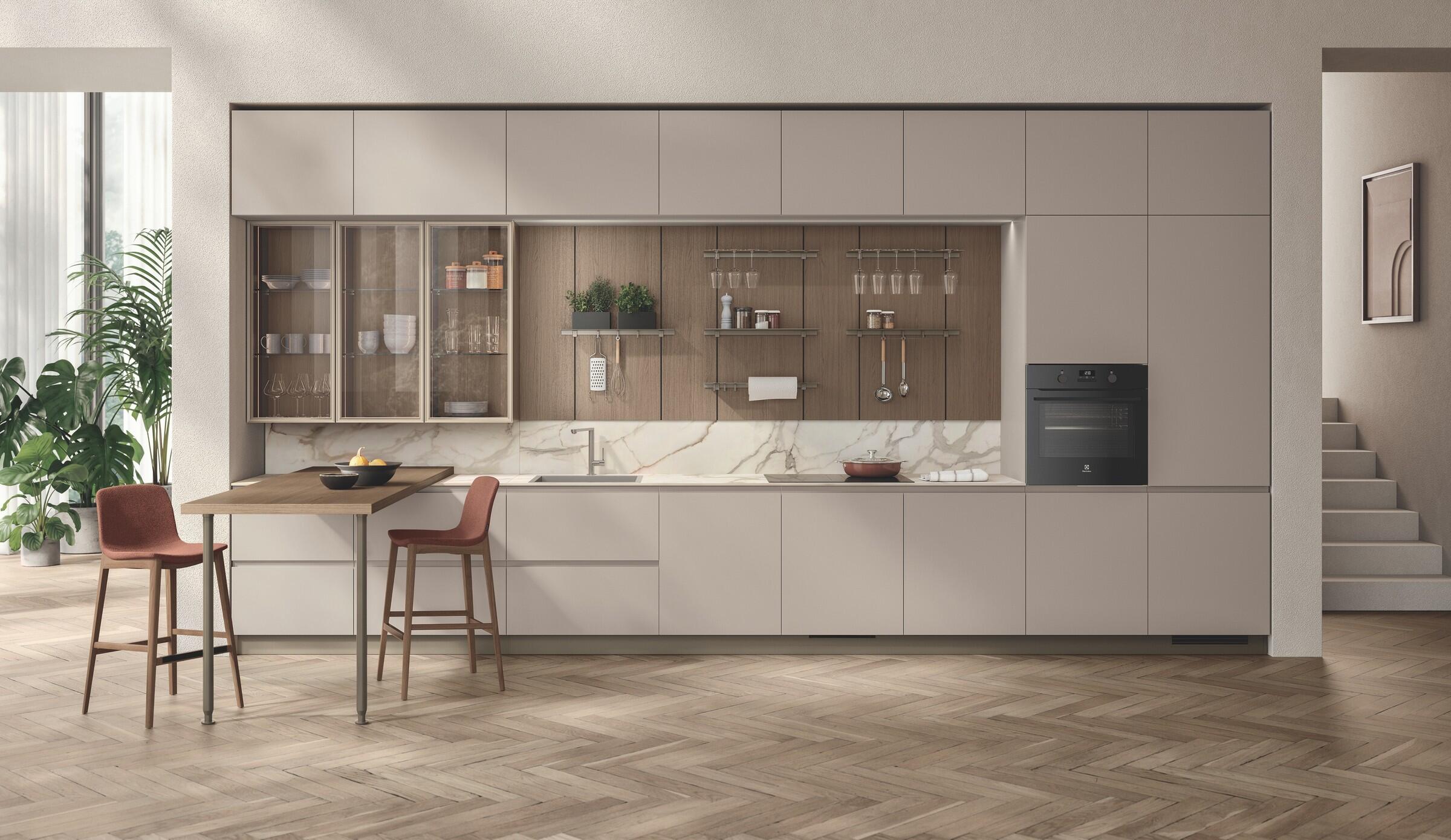 Scavolini Motus linear kitchen in Jute with Champagne-finish Air Box doors