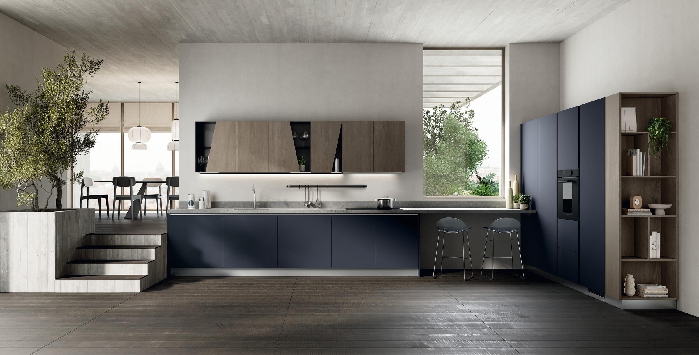 Scavolini Regola kitchen – Linear composition, Ink Blue decorative melamine and Pinstripe Oak decorative melamine doors