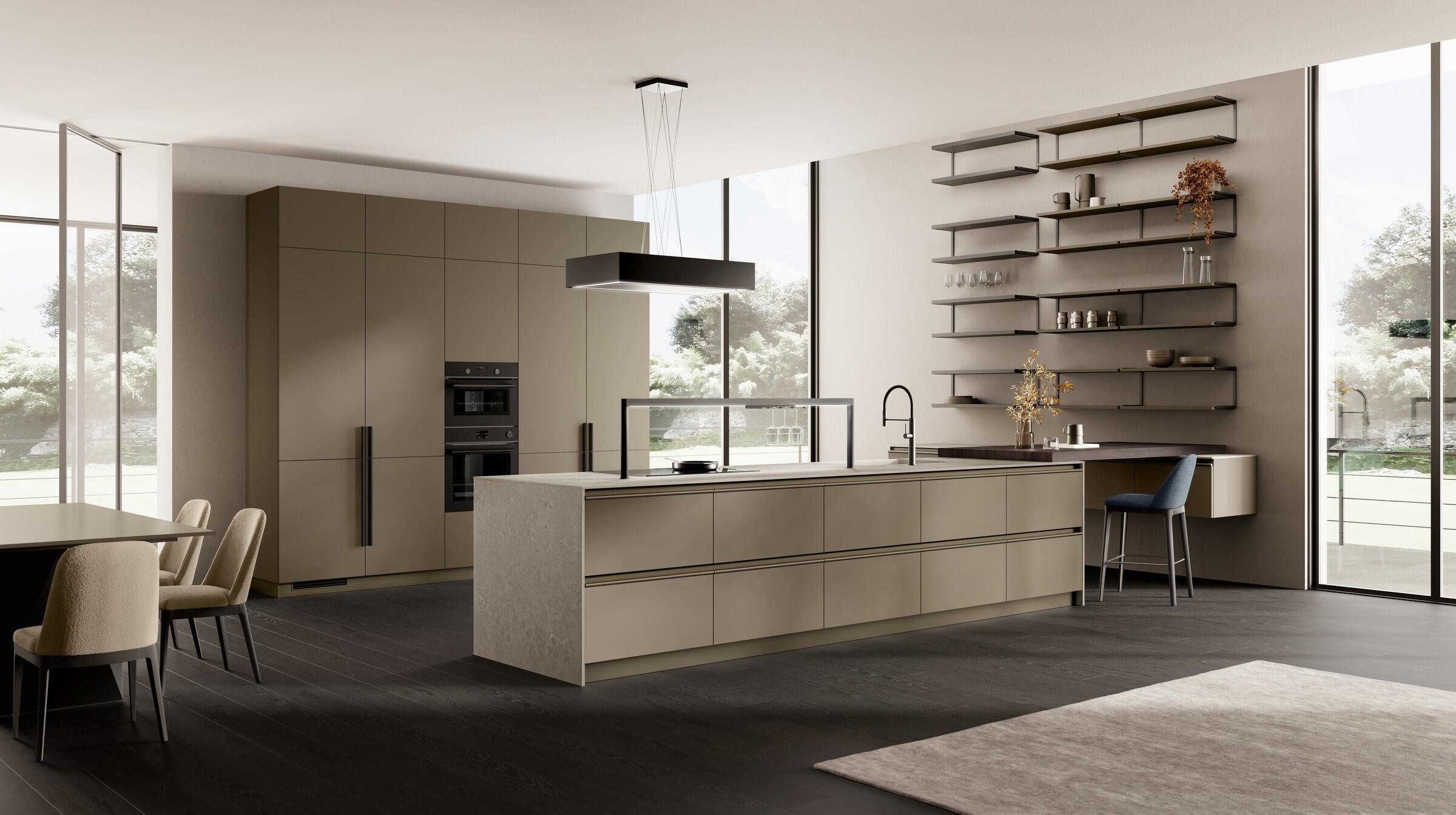 Scavolini Stilo kitchen – Composition with island, Matera Grey matt lacquered doors