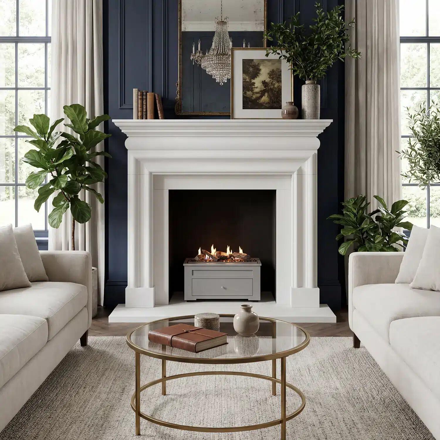 Robeys Heritage fire basket lit in a white stone fireplace in a living room with cream sofas